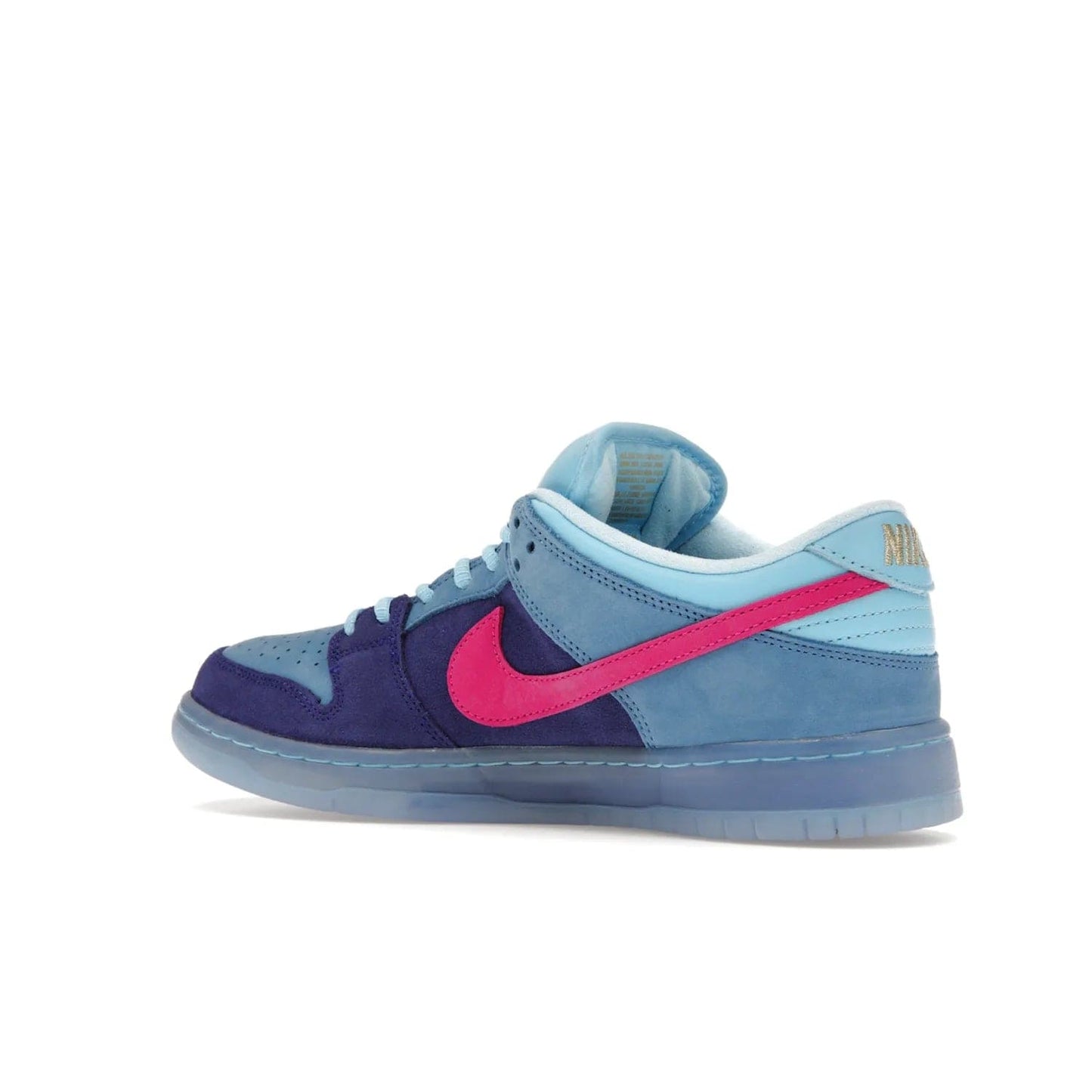Nike SB Dunk Low Run The Jewels - Image 22 - Only at www.BallersClubKickz.com - The Nike SB Dunk Low Run The Jewels pays tribute to the Run the Jewels 3 album cover. It features a blue suede upper with pink suede accents, gold branding and 3 lace sets. RTJ insoles complete this limited edition sneaker. Get it now for your shoe collection.