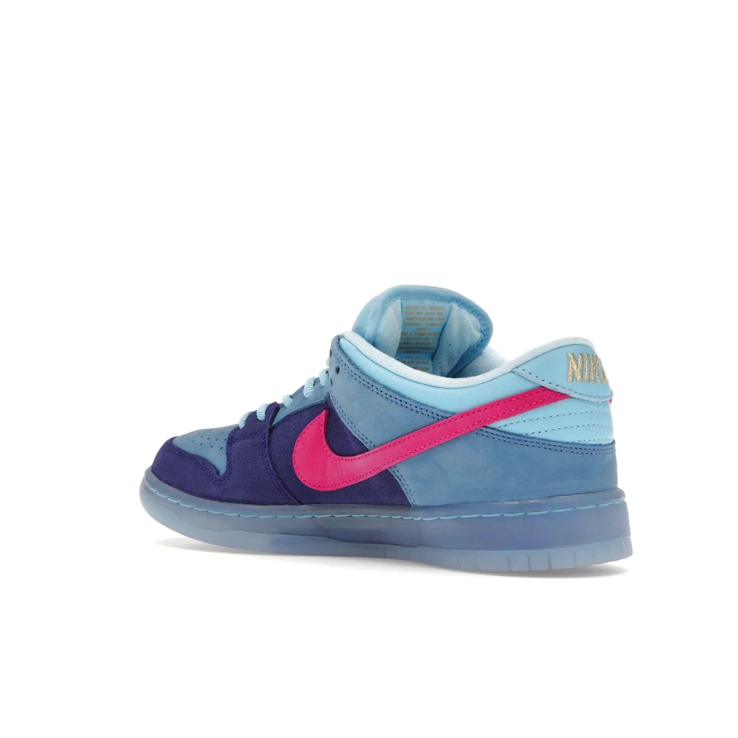 Nike SB Dunk Low Run The Jewels - Image 23 - Only at www.BallersClubKickz.com - The Nike SB Dunk Low Run The Jewels pays tribute to the Run the Jewels 3 album cover. It features a blue suede upper with pink suede accents, gold branding and 3 lace sets. RTJ insoles complete this limited edition sneaker. Get it now for your shoe collection.
