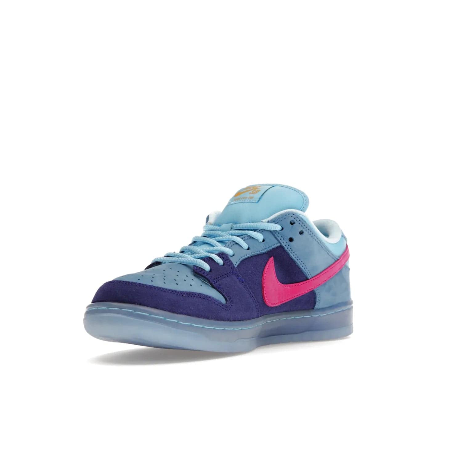 Nike SB Dunk Low Run The Jewels - Image 14 - Only at www.BallersClubKickz.com - The Nike SB Dunk Low Run The Jewels pays tribute to the Run the Jewels 3 album cover. It features a blue suede upper with pink suede accents, gold branding and 3 lace sets. RTJ insoles complete this limited edition sneaker. Get it now for your shoe collection.