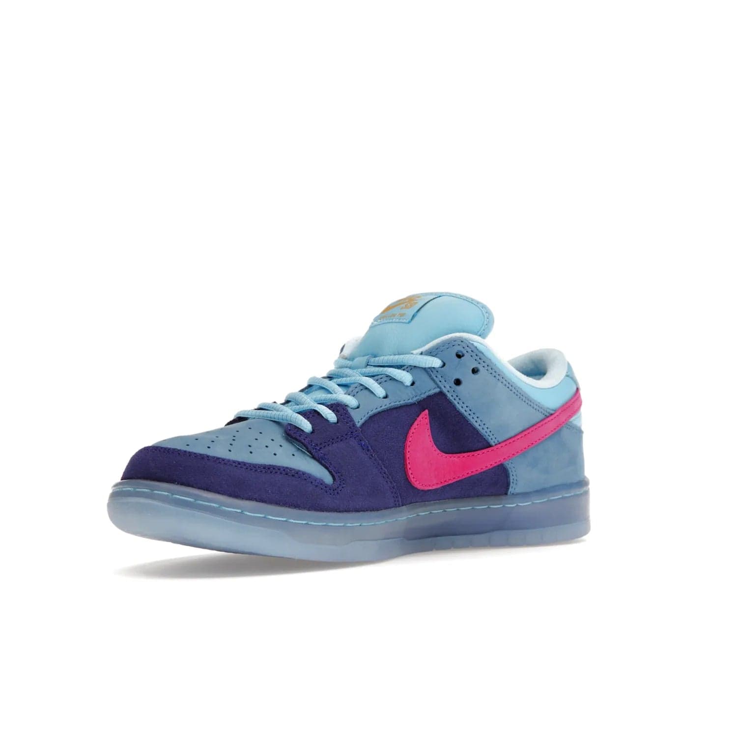 Nike SB Dunk Low Run The Jewels - Image 15 - Only at www.BallersClubKickz.com - The Nike SB Dunk Low Run The Jewels pays tribute to the Run the Jewels 3 album cover. It features a blue suede upper with pink suede accents, gold branding and 3 lace sets. RTJ insoles complete this limited edition sneaker. Get it now for your shoe collection.