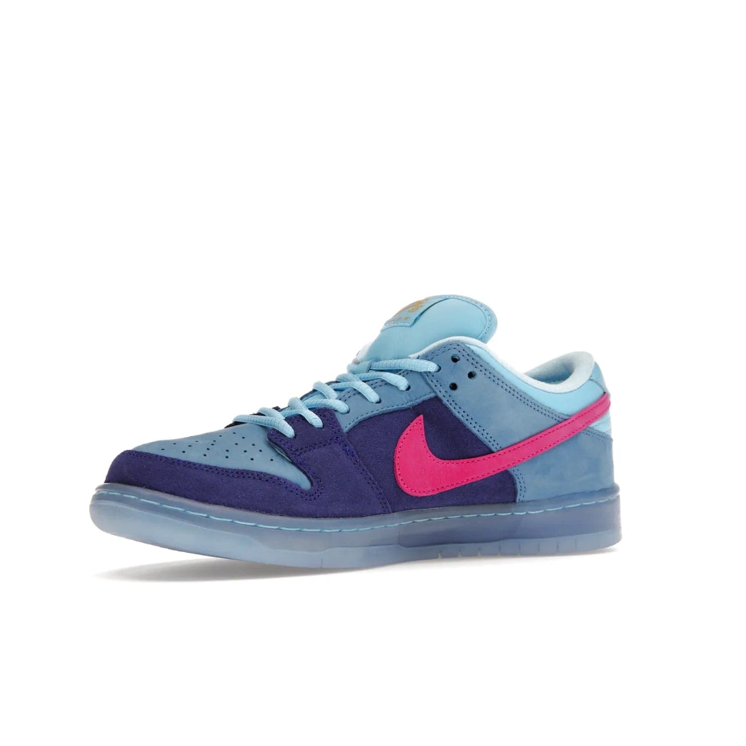 Nike SB Dunk Low Run The Jewels - Image 16 - Only at www.BallersClubKickz.com - The Nike SB Dunk Low Run The Jewels pays tribute to the Run the Jewels 3 album cover. It features a blue suede upper with pink suede accents, gold branding and 3 lace sets. RTJ insoles complete this limited edition sneaker. Get it now for your shoe collection.