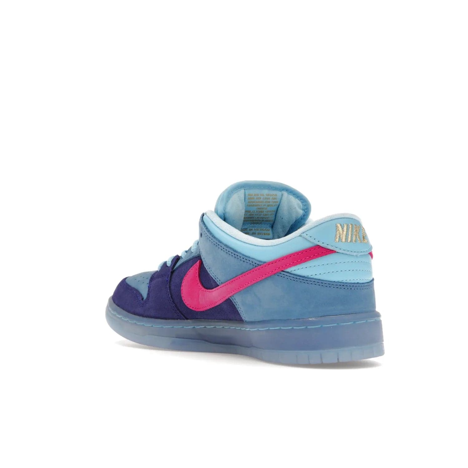 Nike SB Dunk Low Run The Jewels - Image 24 - Only at www.BallersClubKickz.com - The Nike SB Dunk Low Run The Jewels pays tribute to the Run the Jewels 3 album cover. It features a blue suede upper with pink suede accents, gold branding and 3 lace sets. RTJ insoles complete this limited edition sneaker. Get it now for your shoe collection.