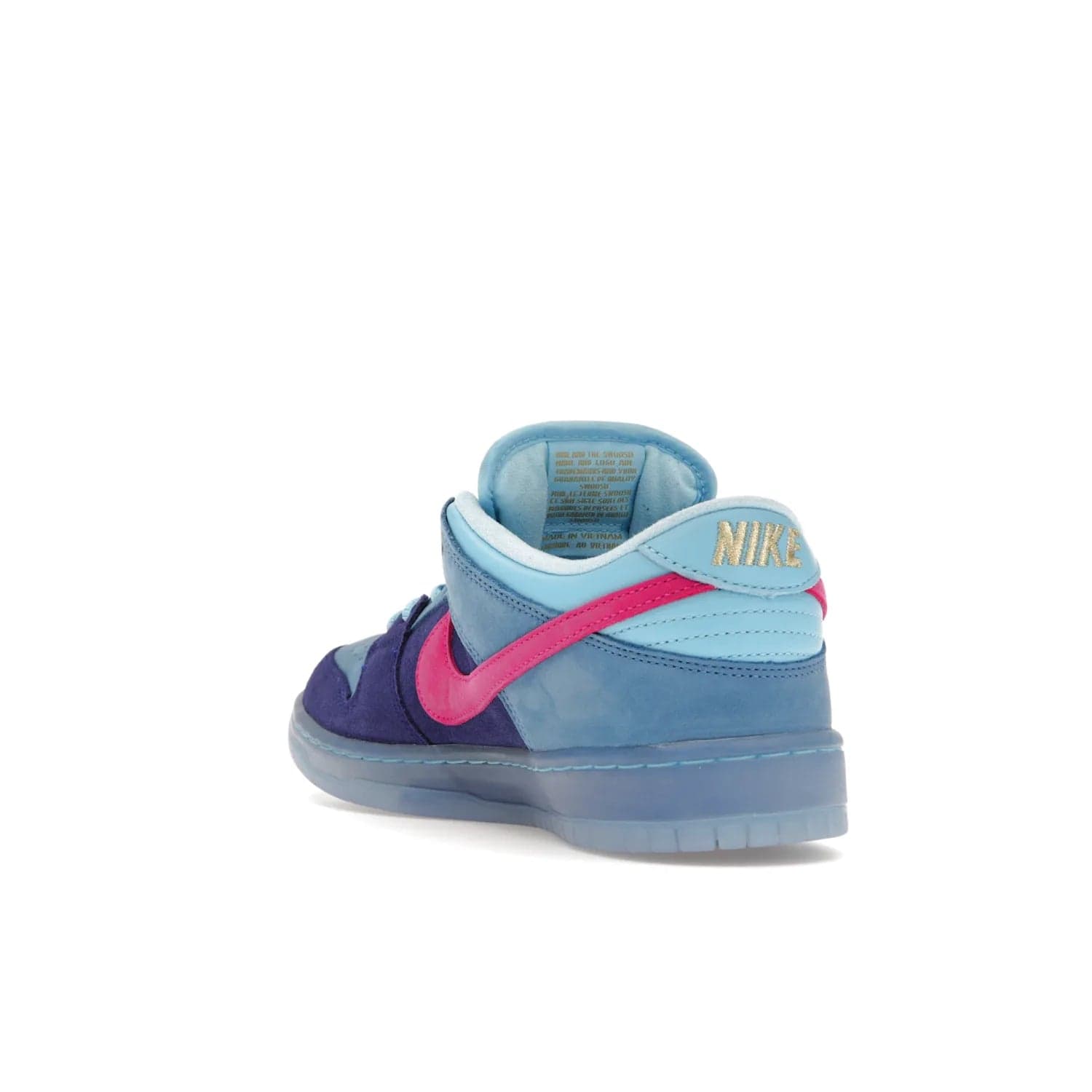 Nike SB Dunk Low Run The Jewels - Image 25 - Only at www.BallersClubKickz.com - The Nike SB Dunk Low Run The Jewels pays tribute to the Run the Jewels 3 album cover. It features a blue suede upper with pink suede accents, gold branding and 3 lace sets. RTJ insoles complete this limited edition sneaker. Get it now for your shoe collection.
