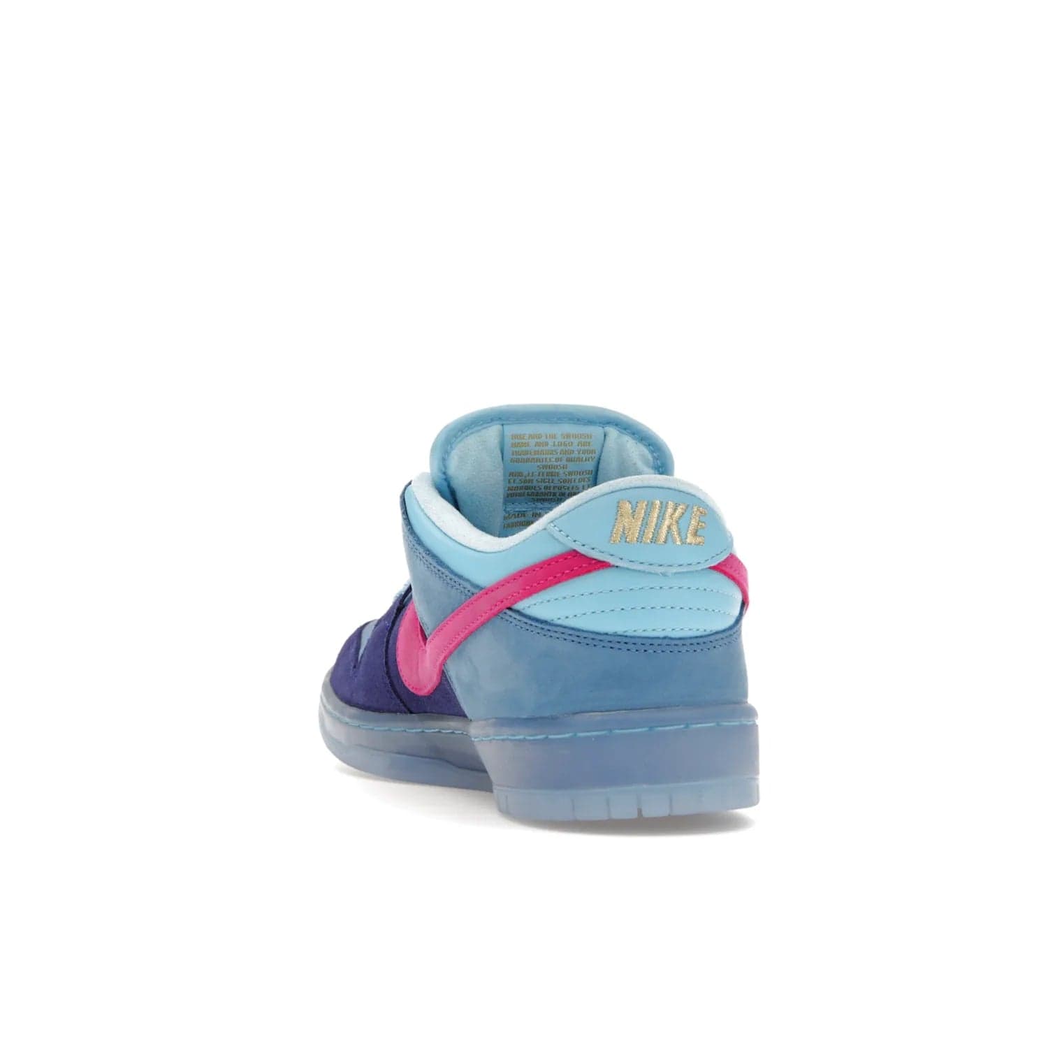 Nike SB Dunk Low Run The Jewels - Image 26 - Only at www.BallersClubKickz.com - The Nike SB Dunk Low Run The Jewels pays tribute to the Run the Jewels 3 album cover. It features a blue suede upper with pink suede accents, gold branding and 3 lace sets. RTJ insoles complete this limited edition sneaker. Get it now for your shoe collection.
