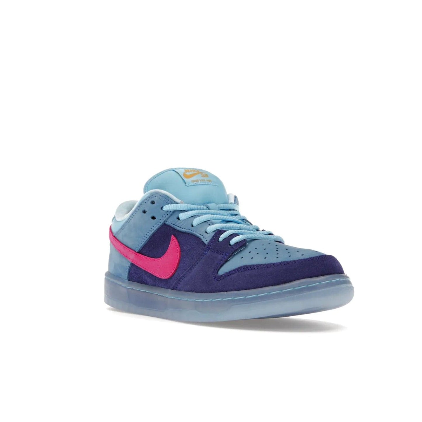 Nike SB Dunk Low Run The Jewels - Image 6 - Only at www.BallersClubKickz.com - The Nike SB Dunk Low Run The Jewels pays tribute to the Run the Jewels 3 album cover. It features a blue suede upper with pink suede accents, gold branding and 3 lace sets. RTJ insoles complete this limited edition sneaker. Get it now for your shoe collection.