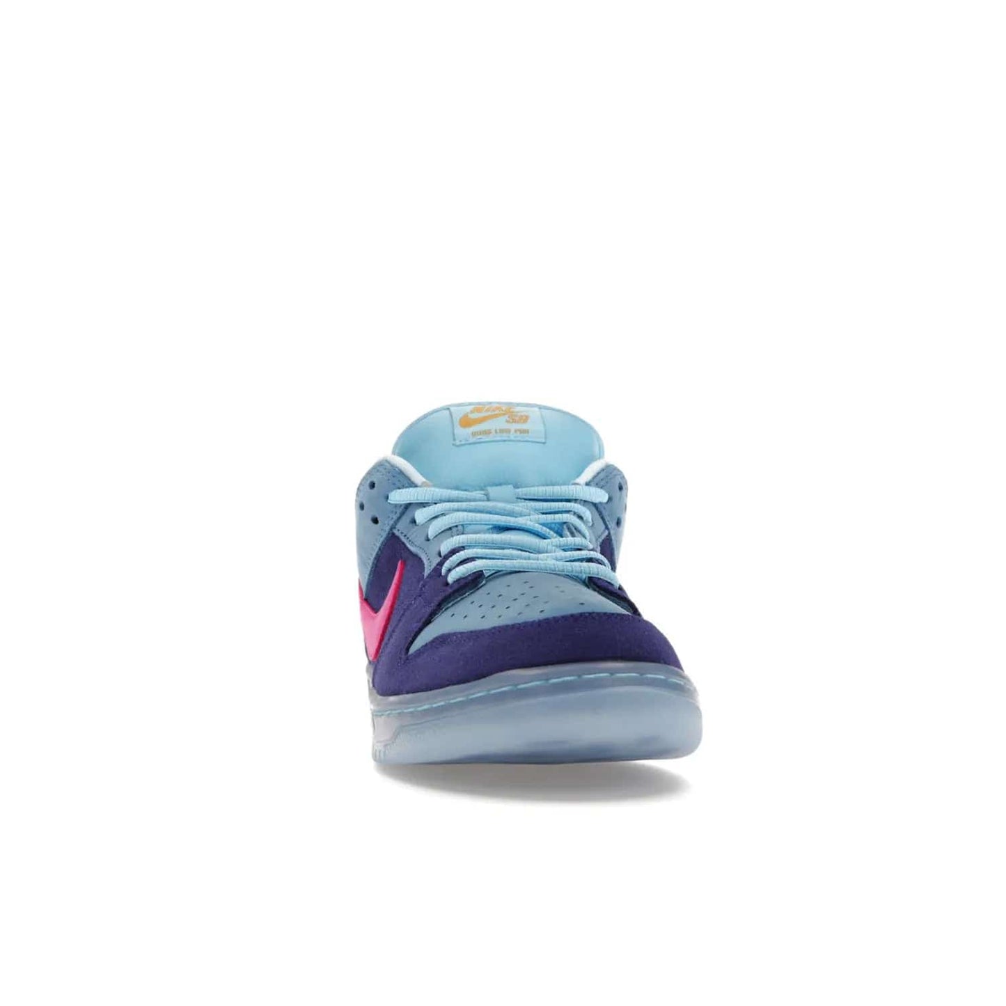 Nike SB Dunk Low Run The Jewels - Image 9 - Only at www.BallersClubKickz.com - The Nike SB Dunk Low Run The Jewels pays tribute to the Run the Jewels 3 album cover. It features a blue suede upper with pink suede accents, gold branding and 3 lace sets. RTJ insoles complete this limited edition sneaker. Get it now for your shoe collection.