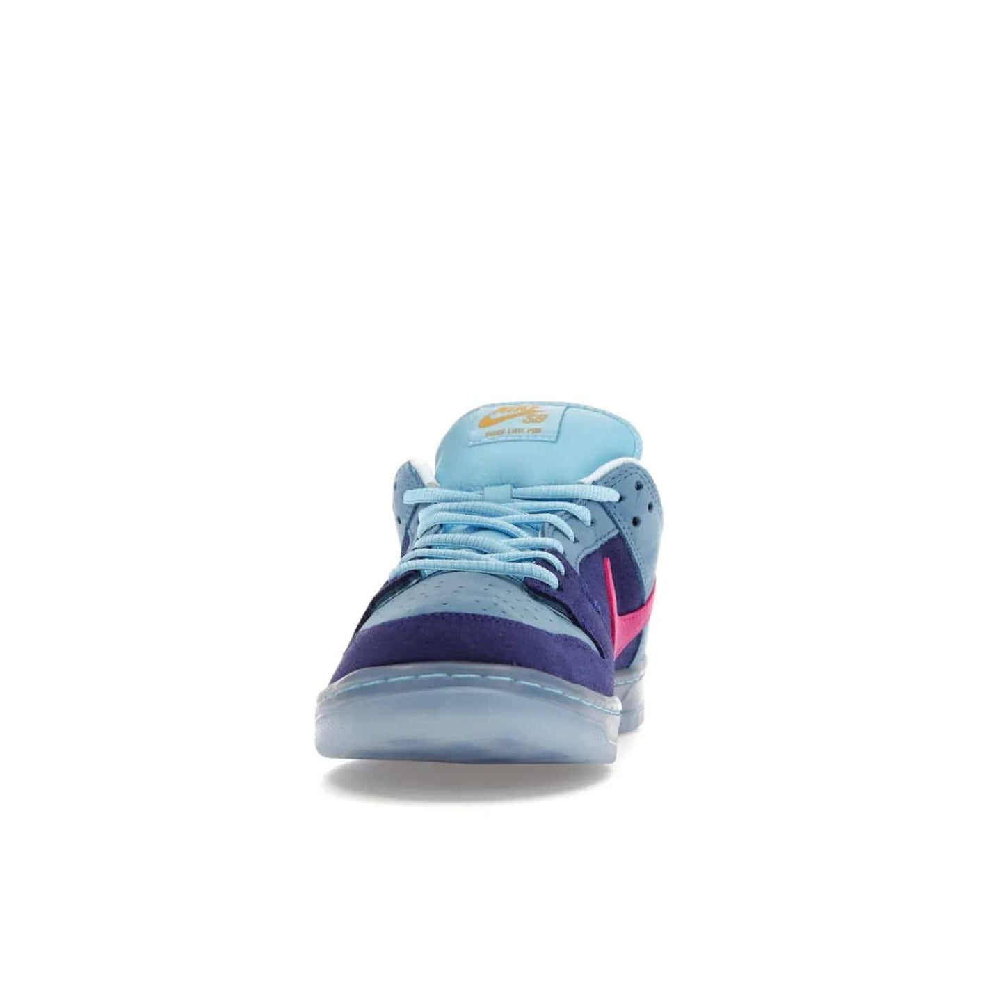 Nike SB Dunk Low Run The Jewels - Image 11 - Only at www.BallersClubKickz.com - The Nike SB Dunk Low Run The Jewels pays tribute to the Run the Jewels 3 album cover. It features a blue suede upper with pink suede accents, gold branding and 3 lace sets. RTJ insoles complete this limited edition sneaker. Get it now for your shoe collection.