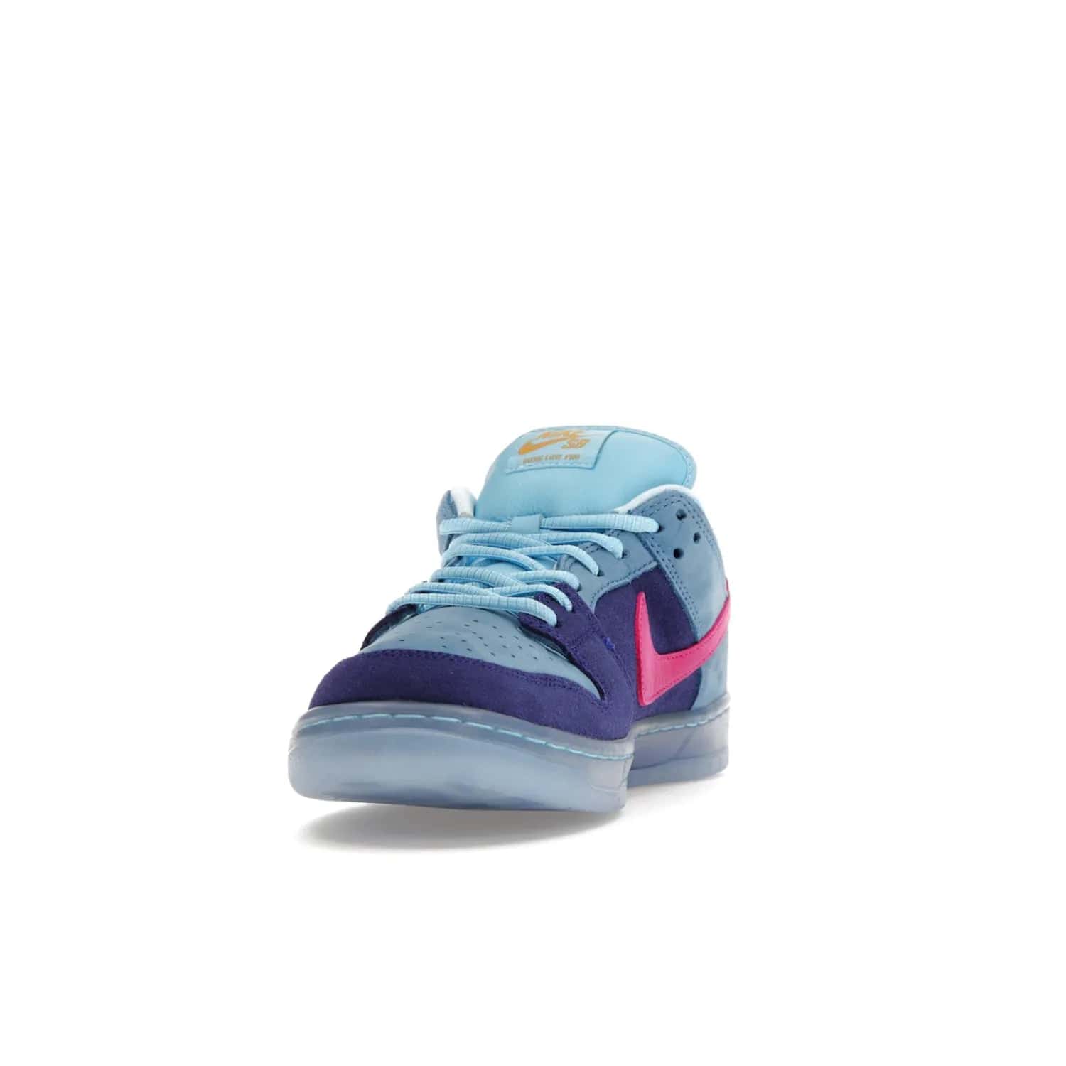 Nike SB Dunk Low Run The Jewels - Image 12 - Only at www.BallersClubKickz.com - The Nike SB Dunk Low Run The Jewels pays tribute to the Run the Jewels 3 album cover. It features a blue suede upper with pink suede accents, gold branding and 3 lace sets. RTJ insoles complete this limited edition sneaker. Get it now for your shoe collection.
