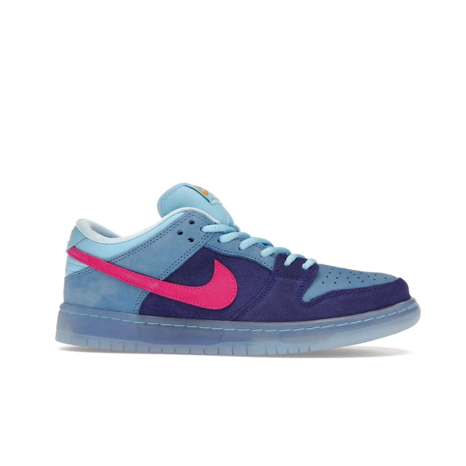 Nike SB Dunk Low Run The Jewels - Image 2 - Only at www.BallersClubKickz.com - The Nike SB Dunk Low Run The Jewels pays tribute to the Run the Jewels 3 album cover. It features a blue suede upper with pink suede accents, gold branding and 3 lace sets. RTJ insoles complete this limited edition sneaker. Get it now for your shoe collection.