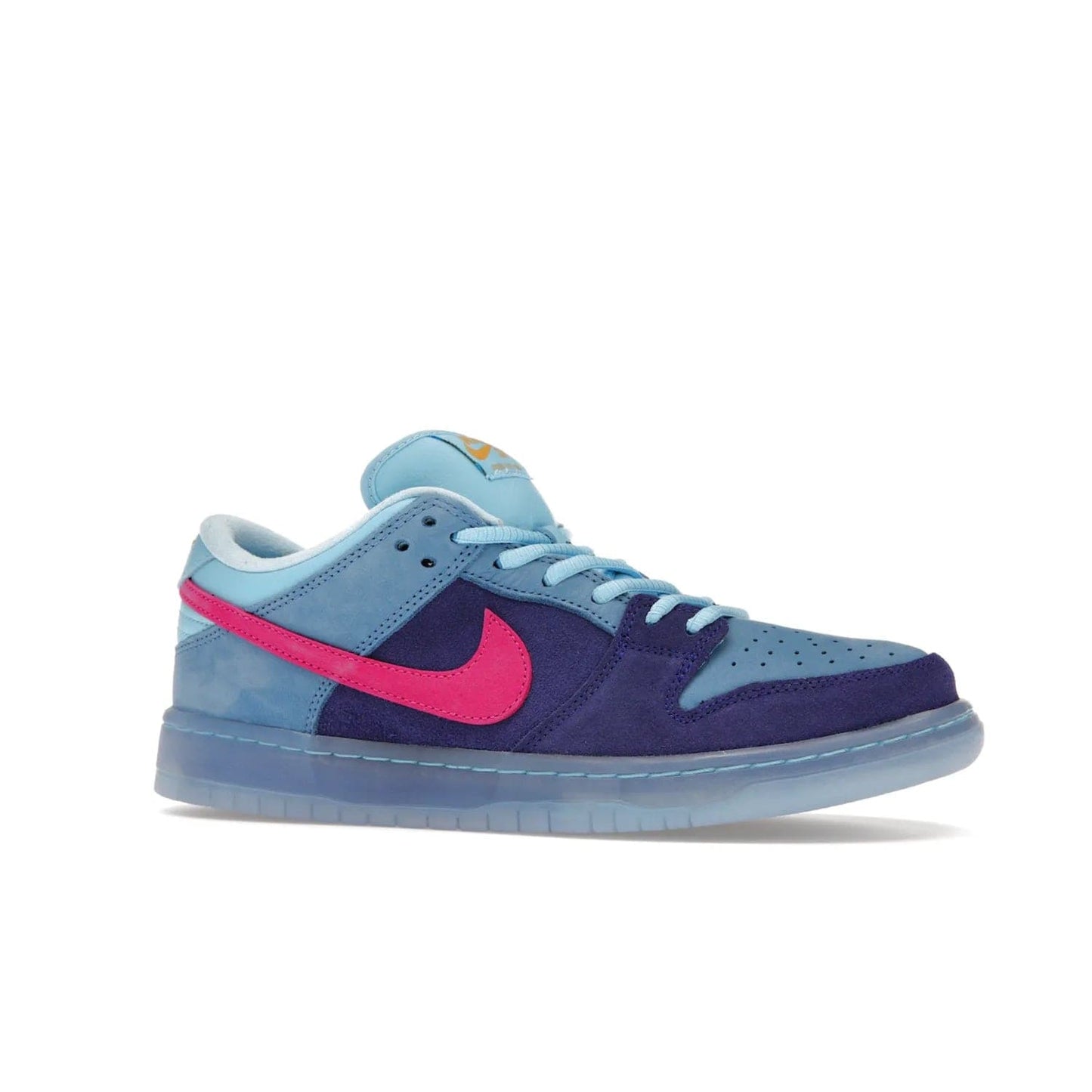 Nike SB Dunk Low Run The Jewels - Image 3 - Only at www.BallersClubKickz.com - The Nike SB Dunk Low Run The Jewels pays tribute to the Run the Jewels 3 album cover. It features a blue suede upper with pink suede accents, gold branding and 3 lace sets. RTJ insoles complete this limited edition sneaker. Get it now for your shoe collection.