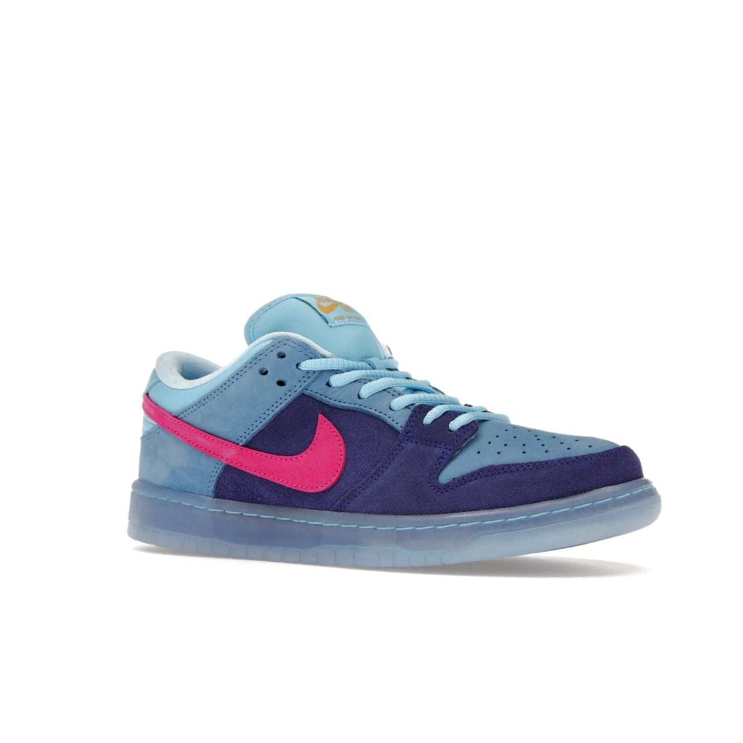 Nike SB Dunk Low Run The Jewels - Image 4 - Only at www.BallersClubKickz.com - The Nike SB Dunk Low Run The Jewels pays tribute to the Run the Jewels 3 album cover. It features a blue suede upper with pink suede accents, gold branding and 3 lace sets. RTJ insoles complete this limited edition sneaker. Get it now for your shoe collection.
