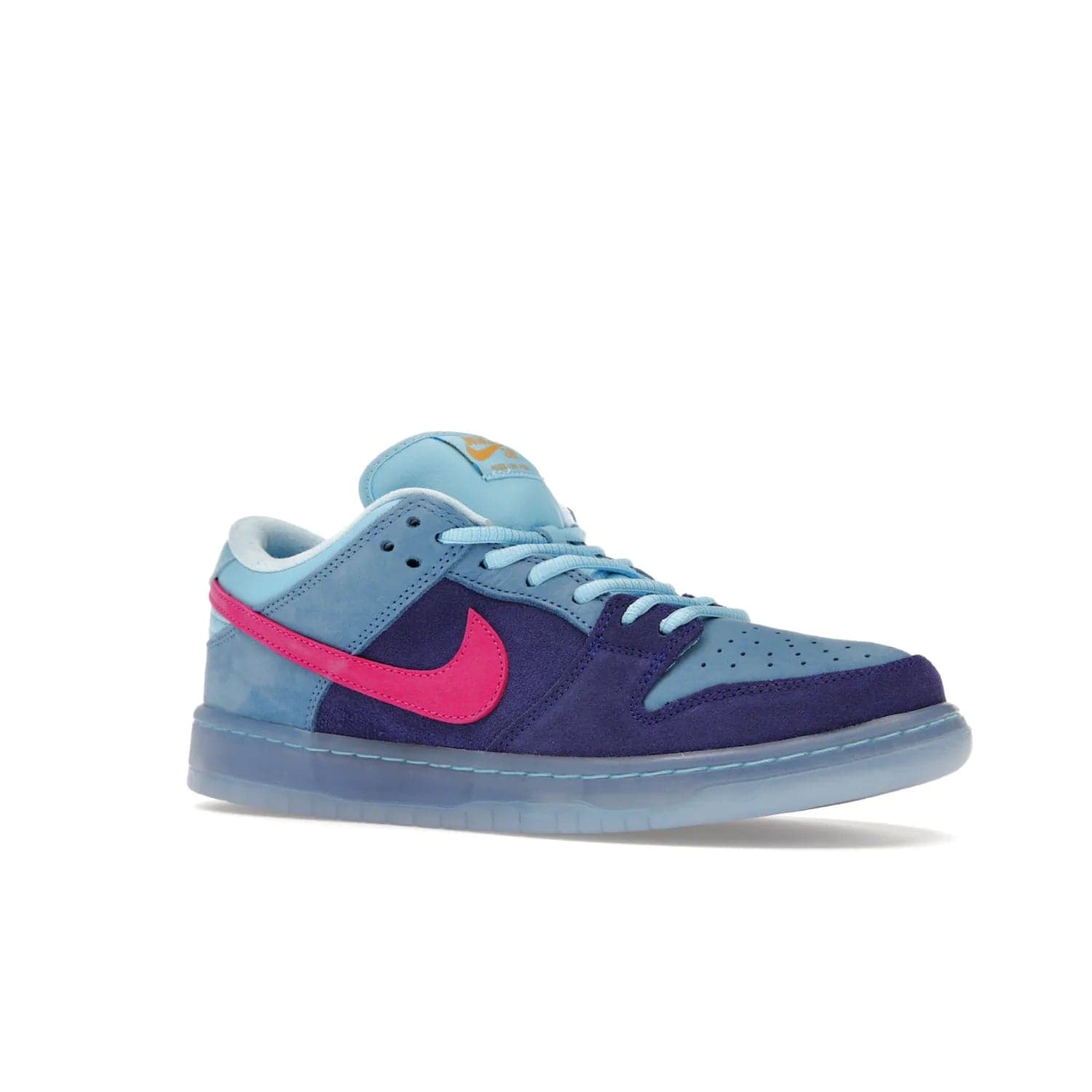 Nike SB Dunk Low Run The Jewels - Image 4 - Only at www.BallersClubKickz.com - The Nike SB Dunk Low Run The Jewels pays tribute to the Run the Jewels 3 album cover. It features a blue suede upper with pink suede accents, gold branding and 3 lace sets. RTJ insoles complete this limited edition sneaker. Get it now for your shoe collection.