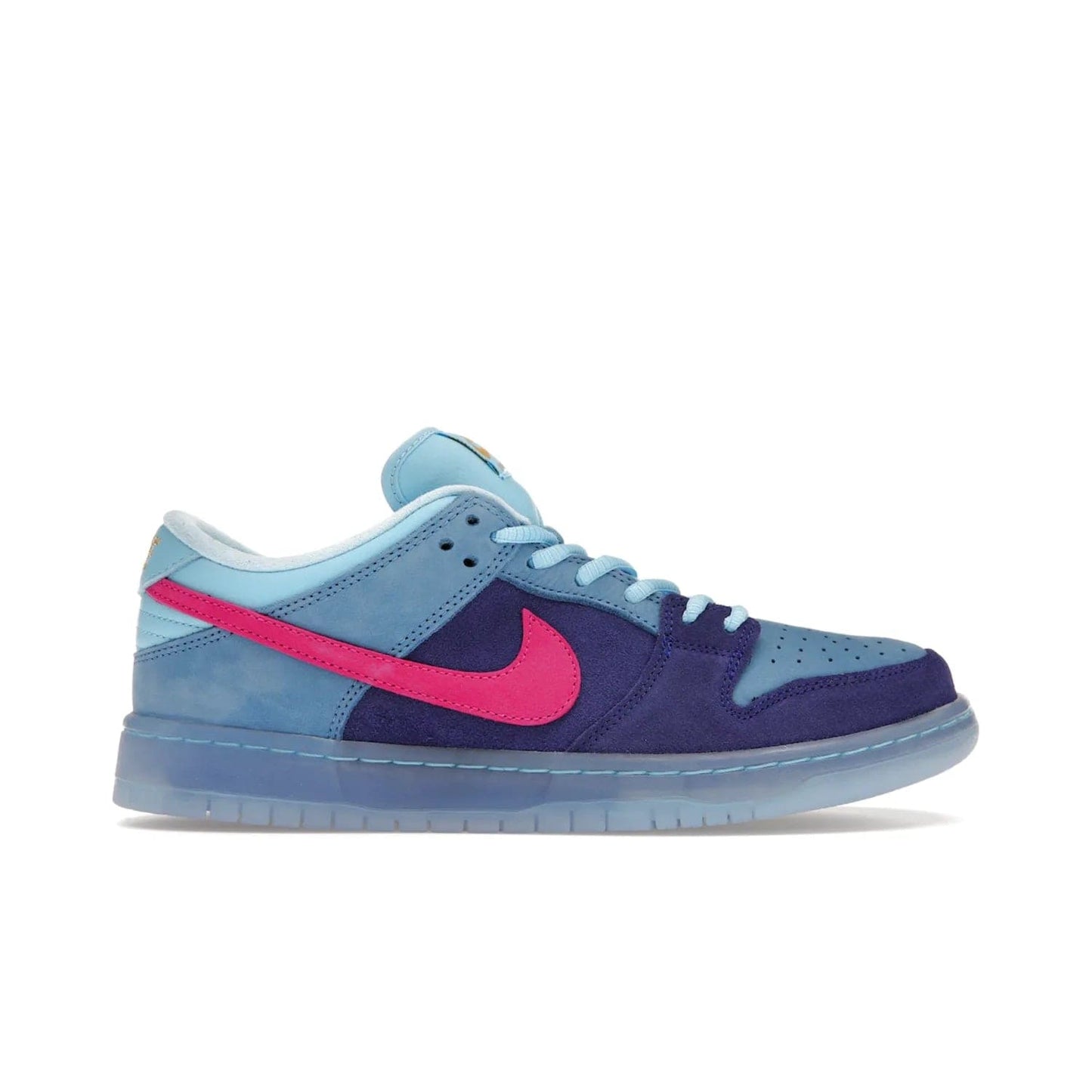 Nike SB Dunk Low Run The Jewels - Image 1 - Only at www.BallersClubKickz.com - The Nike SB Dunk Low Run The Jewels pays tribute to the Run the Jewels 3 album cover. It features a blue suede upper with pink suede accents, gold branding and 3 lace sets. RTJ insoles complete this limited edition sneaker. Get it now for your shoe collection.