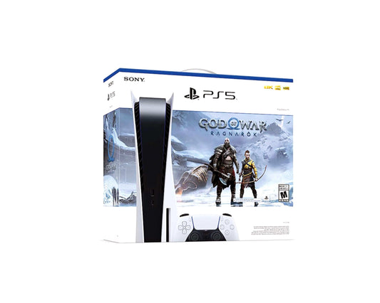 Sony PlayStation 5 PS5 Blu-Ray Edition God of War Ragnarok Bundle US Plug - Only at www.BallersClubKickz.com - features a wireless controller, a high-quality USB charging cable, and God of War Ragnarok video game. It also features a lengthy HDMI® cable, a sturdy AC power cord, and a variety of printed materials from the game. This video game console was available in November of 2022.