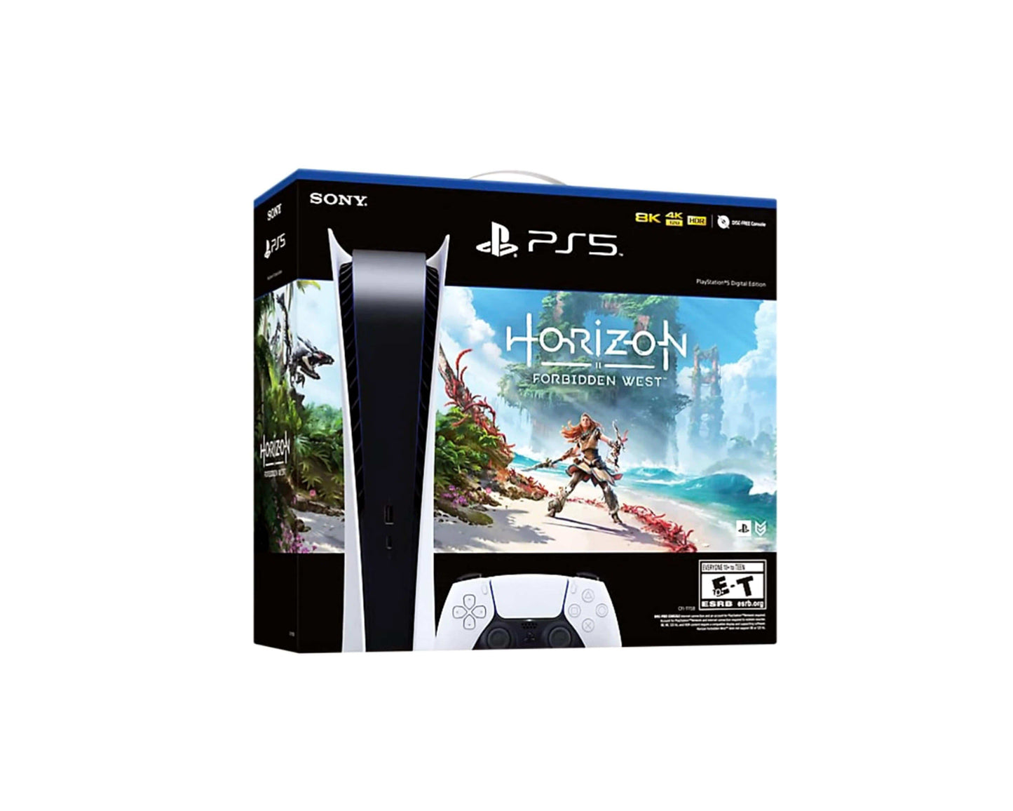 Sony PlayStation 5 PS5 Digital Horizon Forbidden West Console Bundle US Plug - Only at www.BallersClubKickz.com - This Sony PlayStation 5 PS5 Digital 'Horizon Forbidden West Console Bundle' US Plug features a wireless controller, a high-quality USB charging cable, and Horizon Forbidden West video game. It also features a lengthy HDMI® cable, a sturdy AC power cord, and a variety of printed materials from the game.