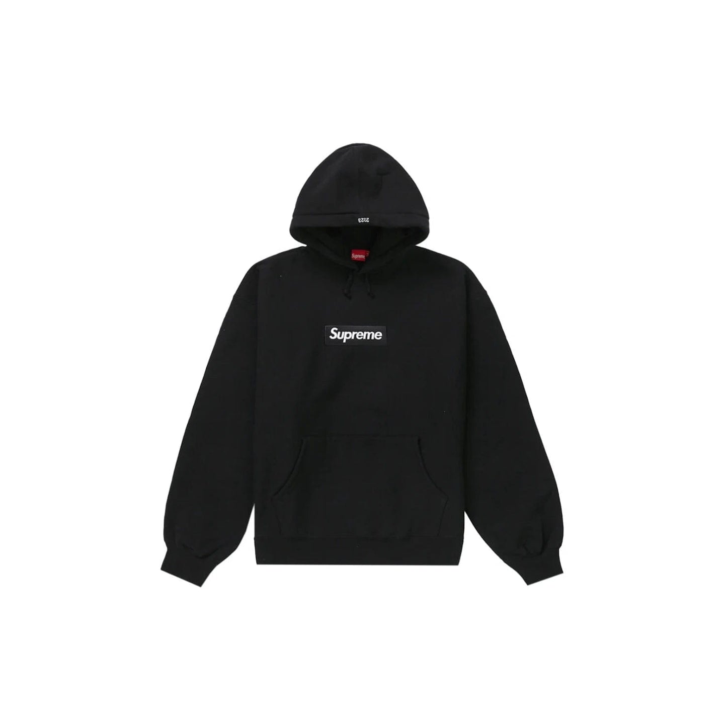 Supreme Box Logo Hooded Sweatshirt (FW23) Black - Image 1 - Only at www.BallersClubKickz.com - A classic staple with a soft cotton blend and bold box logo print. The Supreme Box Logo Hooded Sweatshirt (FW23) is perfect for any street style look. Adjustable drawstrings for comfortable fit. Timeless design.