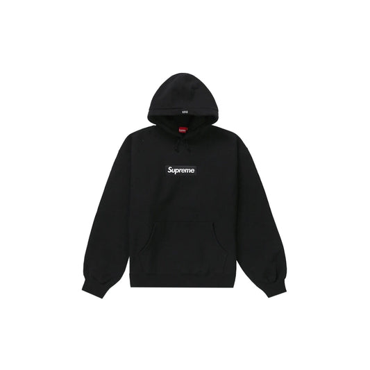 Supreme Box Logo Hooded Sweatshirt (FW23) Black - Image 1 - Only at www.BallersClubKickz.com - A classic staple with a soft cotton blend and bold box logo print. The Supreme Box Logo Hooded Sweatshirt (FW23) is perfect for any street style look. Adjustable drawstrings for comfortable fit. Timeless design.