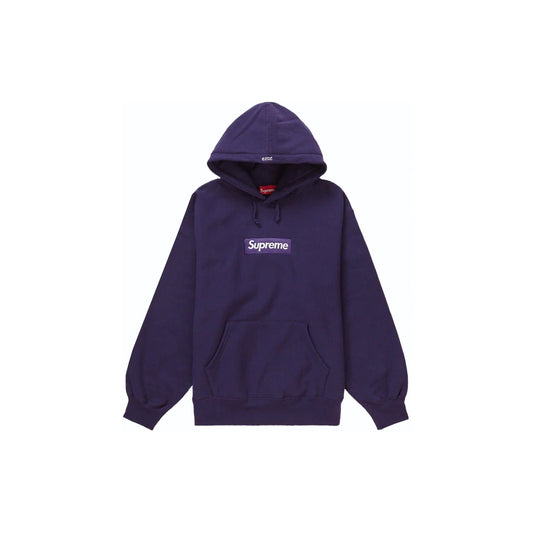 Supreme Box Logo Hooded Sweatshirt (FW23) Dark Purple - Image 1 - Only at www.BallersClubKickz.com - Stay comfortable and stylish with the Supreme Box Logo Hooded Sweatshirt (FW23) in Dark Purple. Features an embroidered logo, drawstring hood, and a soft cotton/polyester blend. Perfect for chilly days.