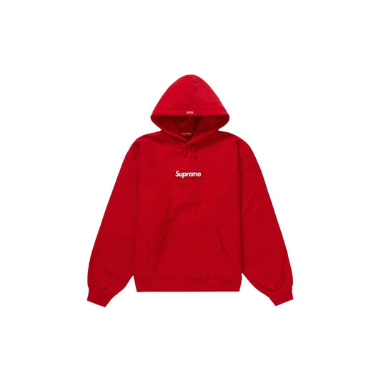 Supreme Box Logo Hooded Sweatshirt (FW23) Red - Image 1 - Only at www.BallersClubKickz.com - Supreme's FW2023 Box Logo Hooded Sweatshirt is here. Stay warm in style with red and white hoodie. The perfect gift for any Supreme fan. Complete your look with this sleek hoodie.