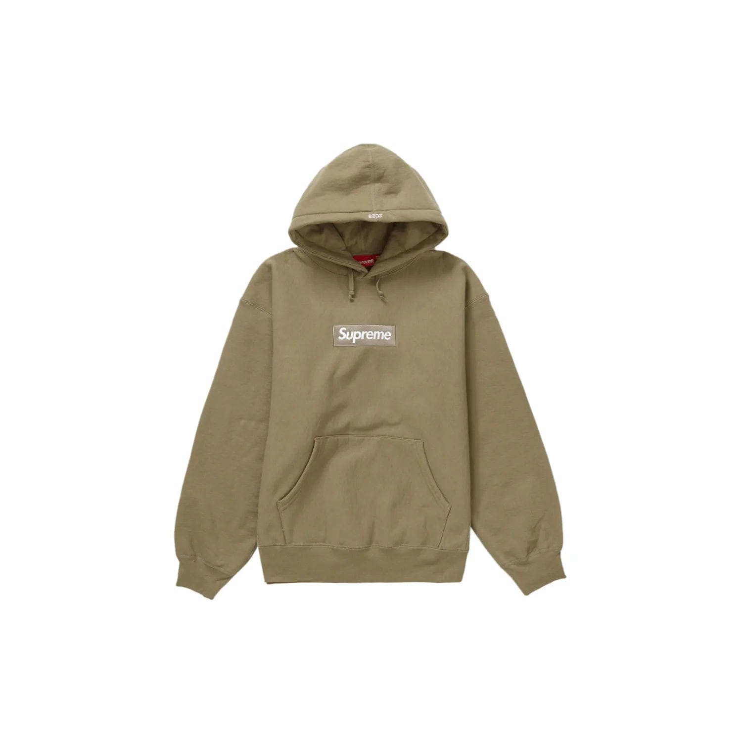 Supreme Box Logo Hooded Sweatshirt (FW23) Dark Sand - Image 1 - Only at www.BallersClubKickz.com - Add a modern edge to your wardrobe with the FW23 Supreme Box Logo hoodie in Dark Sand. High-quality construction combined with a logo printed on the chest create a sleek, timeless look.