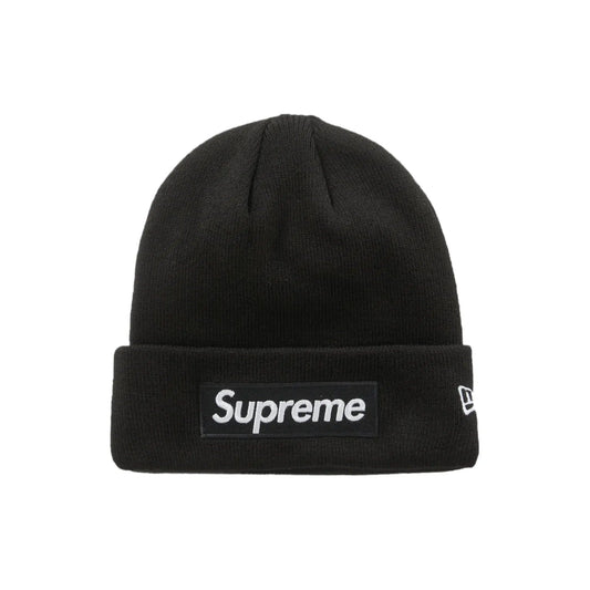 Supreme New Era Box Logo Beanie (FW23) Black - Image 1 - Only at www.BallersClubKickz.com - Keep warm and stylish with the Supreme FW23 New Era Box Logo Beanie. This classic Black beanie features Supreme branding and a soft, cozy construction. Stay stylish during the cold months with this eye-catching accessory!