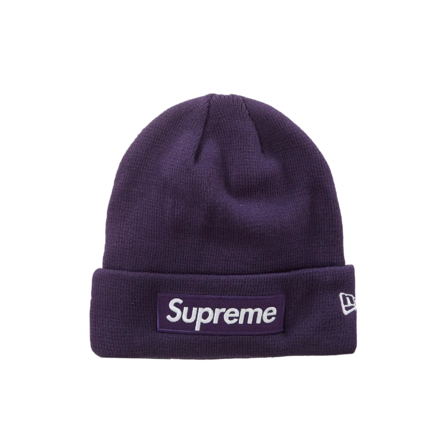 Supreme New Era Box Logo Beanie (FW23) Dark Purple - Image 1 - Only at www.BallersClubKickz.com - Stay warm in style with the iconic Supreme New Era Box Logo Beanie (FW23). Sleek dark purple color with the iconic Box Logo embroidered across the front. Show off your street style this season with this stylish beanie!