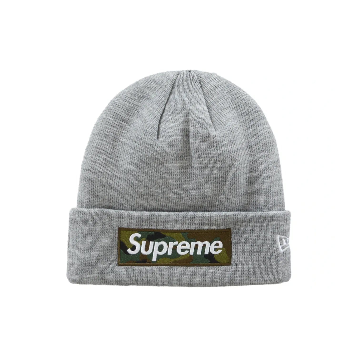 Supreme New Era Box Logo Beanie (FW23) Heather Grey - Image 1 - Only at www.BallersClubKickz.com - New Era Box Logo Beanie from Supreme for FW23. Soft Heather Grey hue with iconic Supreme logo. Get yours today and add some style to your look!