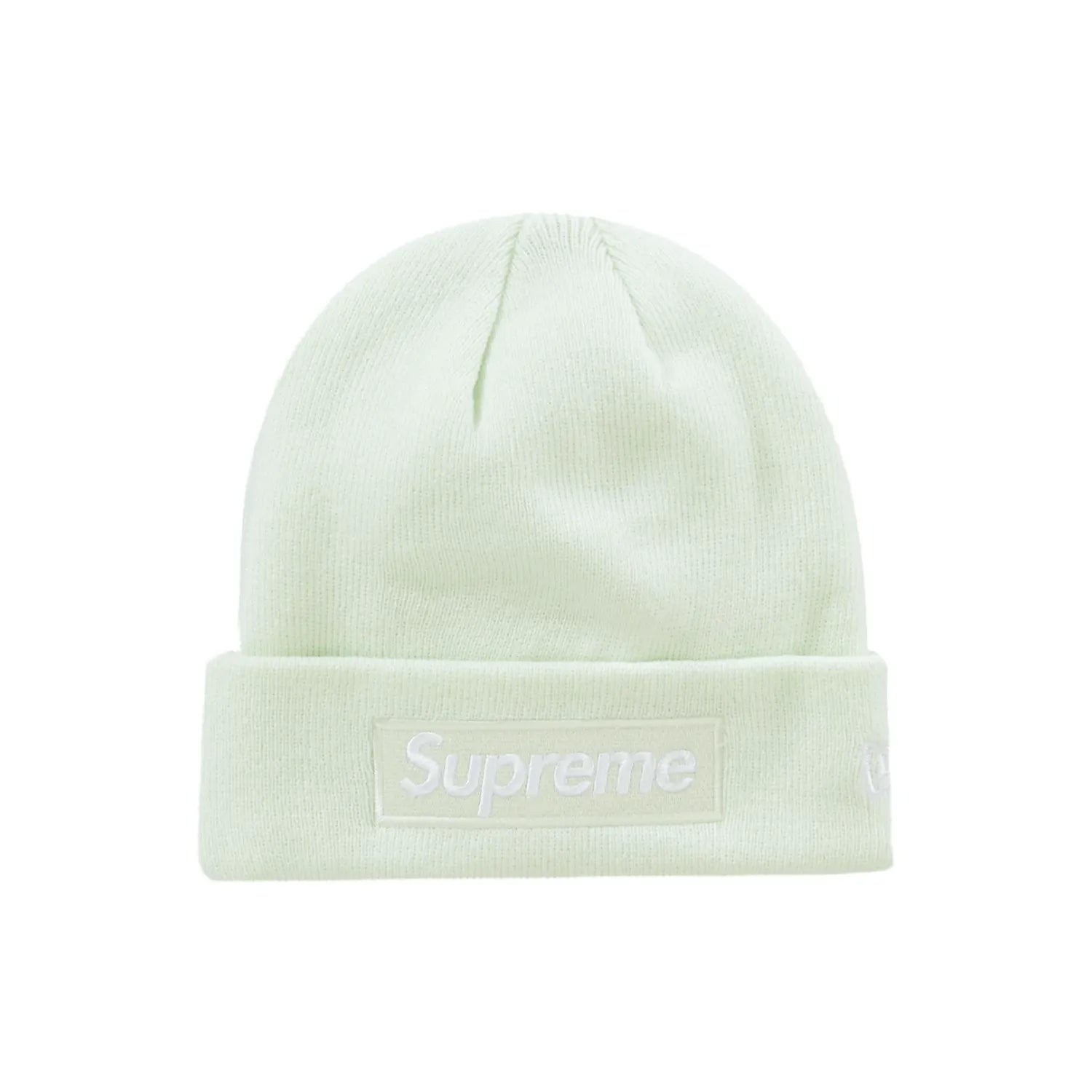 Supreme New Era Box Logo Beanie (FW23) Light Green - Image 1 - Only at www.BallersClubKickz.com - Stay warm in the FW23 Supreme New Era Box Logo Beanie. Classic beanie with signature Supreme New Era box logo. Get bold winter style with this unique piece!