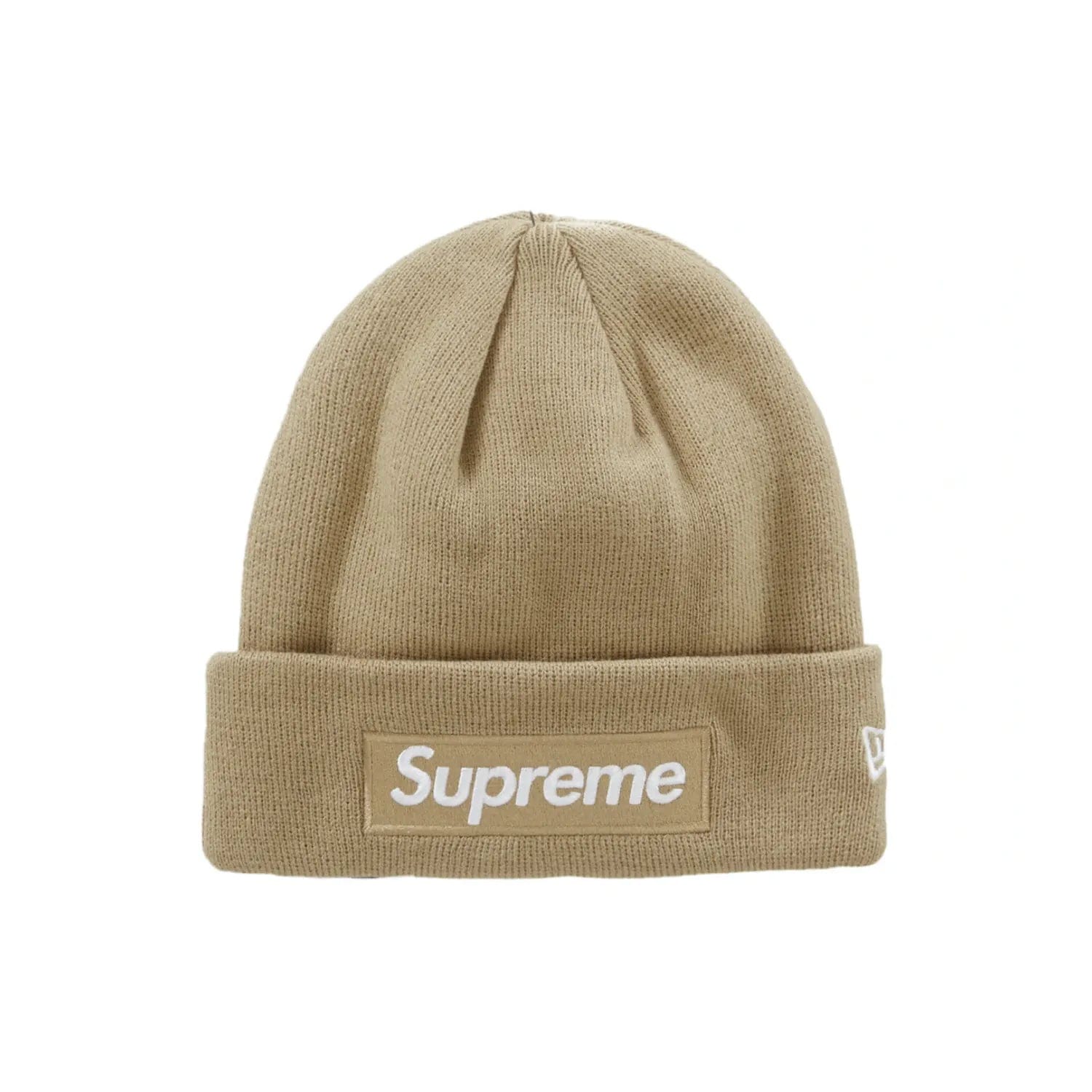 Supreme New Era Box Logo Beanie (FW23) Dark Sand - Image 1 - Only at www.BallersClubKickz.com - Stay warm in style with this Supreme New Era Box Logo Beanie. High-quality cotton fabric and iconic Supreme logo. Classic vintage style with a Dark Sand colorway.