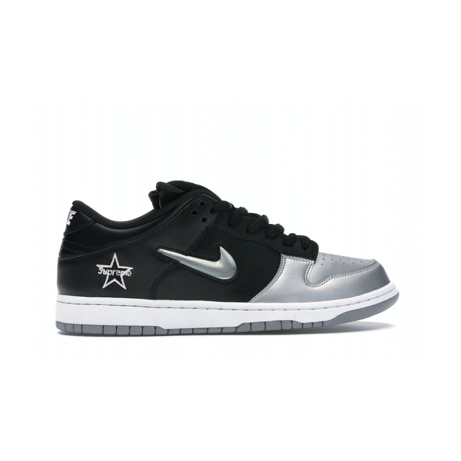 Nike SB Dunk Low Supreme Jewel Swoosh Silver - Image 36 - Only at www.BallersClubKickz.com - This Metallic Silver/Metallic Silver-Black Nike SB Dunk Low Supreme Jewel Swoosh Silver brings a flashy design to the iconic SB Dunk. Released in 2019, this is a must-have for any collection.