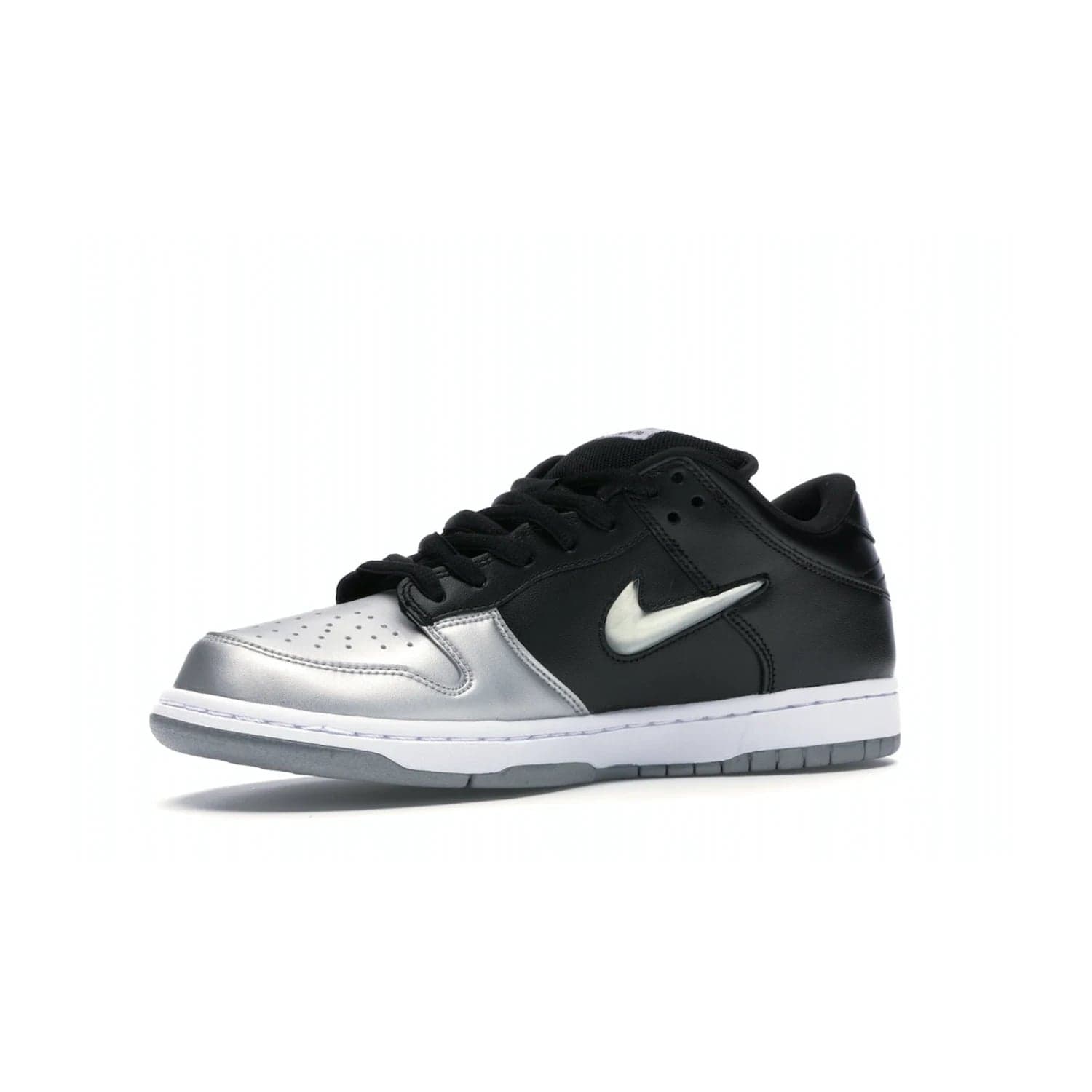 Nike SB Dunk Low Supreme Jewel Swoosh Silver - Image 16 - Only at www.BallersClubKickz.com - This Metallic Silver/Metallic Silver-Black Nike SB Dunk Low Supreme Jewel Swoosh Silver brings a flashy design to the iconic SB Dunk. Released in 2019, this is a must-have for any collection.