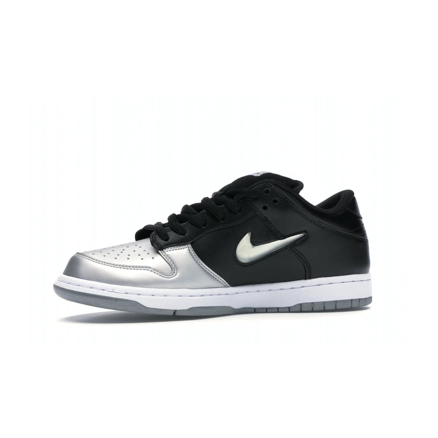 Nike SB Dunk Low Supreme Jewel Swoosh Silver - Image 17 - Only at www.BallersClubKickz.com - This Metallic Silver/Metallic Silver-Black Nike SB Dunk Low Supreme Jewel Swoosh Silver brings a flashy design to the iconic SB Dunk. Released in 2019, this is a must-have for any collection.