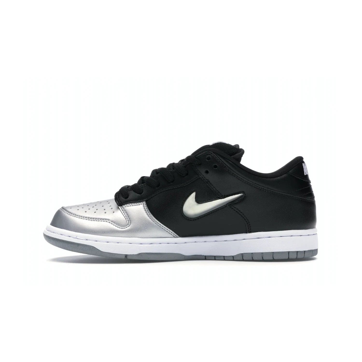 Nike SB Dunk Low Supreme Jewel Swoosh Silver - Image 19 - Only at www.BallersClubKickz.com - This Metallic Silver/Metallic Silver-Black Nike SB Dunk Low Supreme Jewel Swoosh Silver brings a flashy design to the iconic SB Dunk. Released in 2019, this is a must-have for any collection.