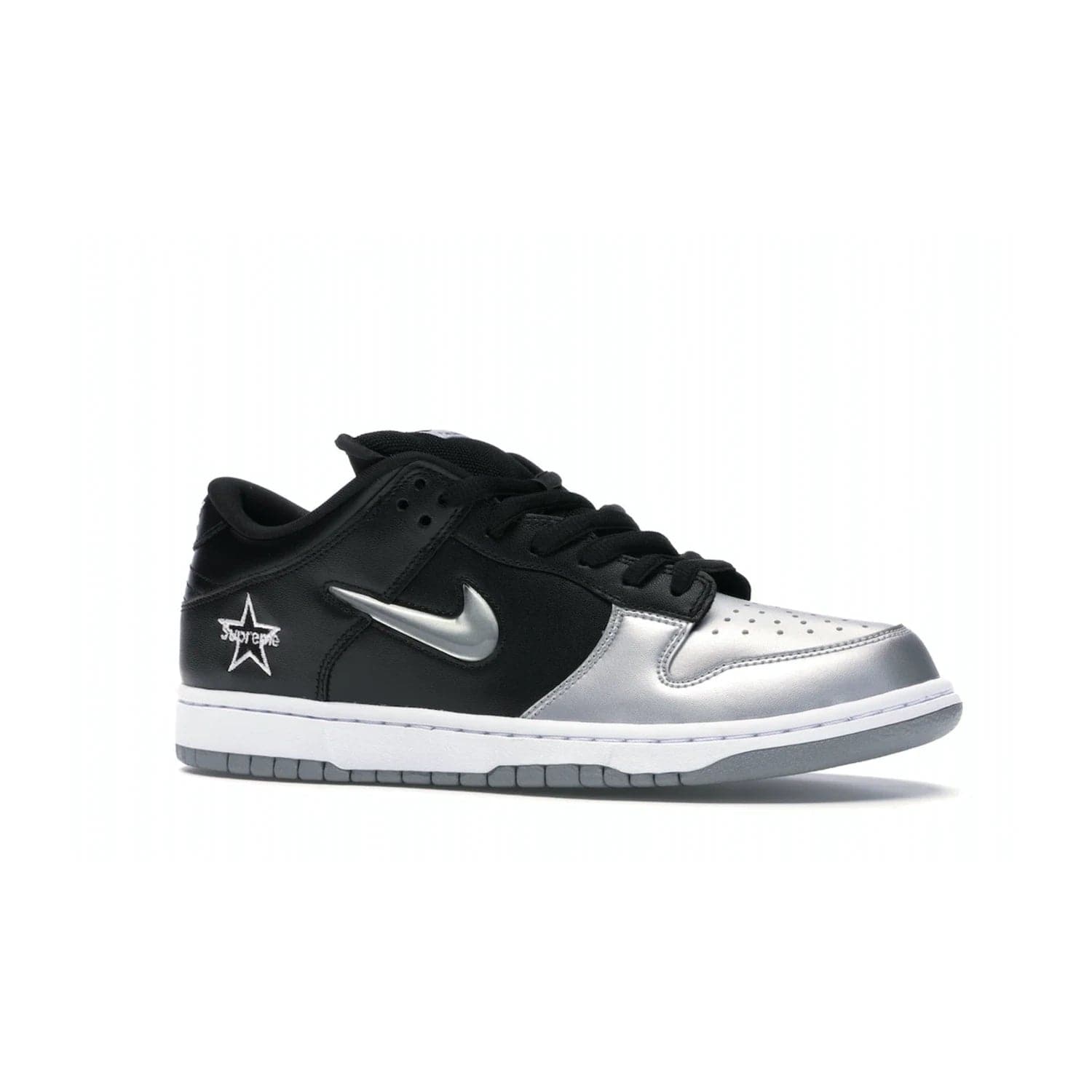 Nike SB Dunk Low Supreme Jewel Swoosh Silver - Image 3 - Only at www.BallersClubKickz.com - This Metallic Silver/Metallic Silver-Black Nike SB Dunk Low Supreme Jewel Swoosh Silver brings a flashy design to the iconic SB Dunk. Released in 2019, this is a must-have for any collection.
