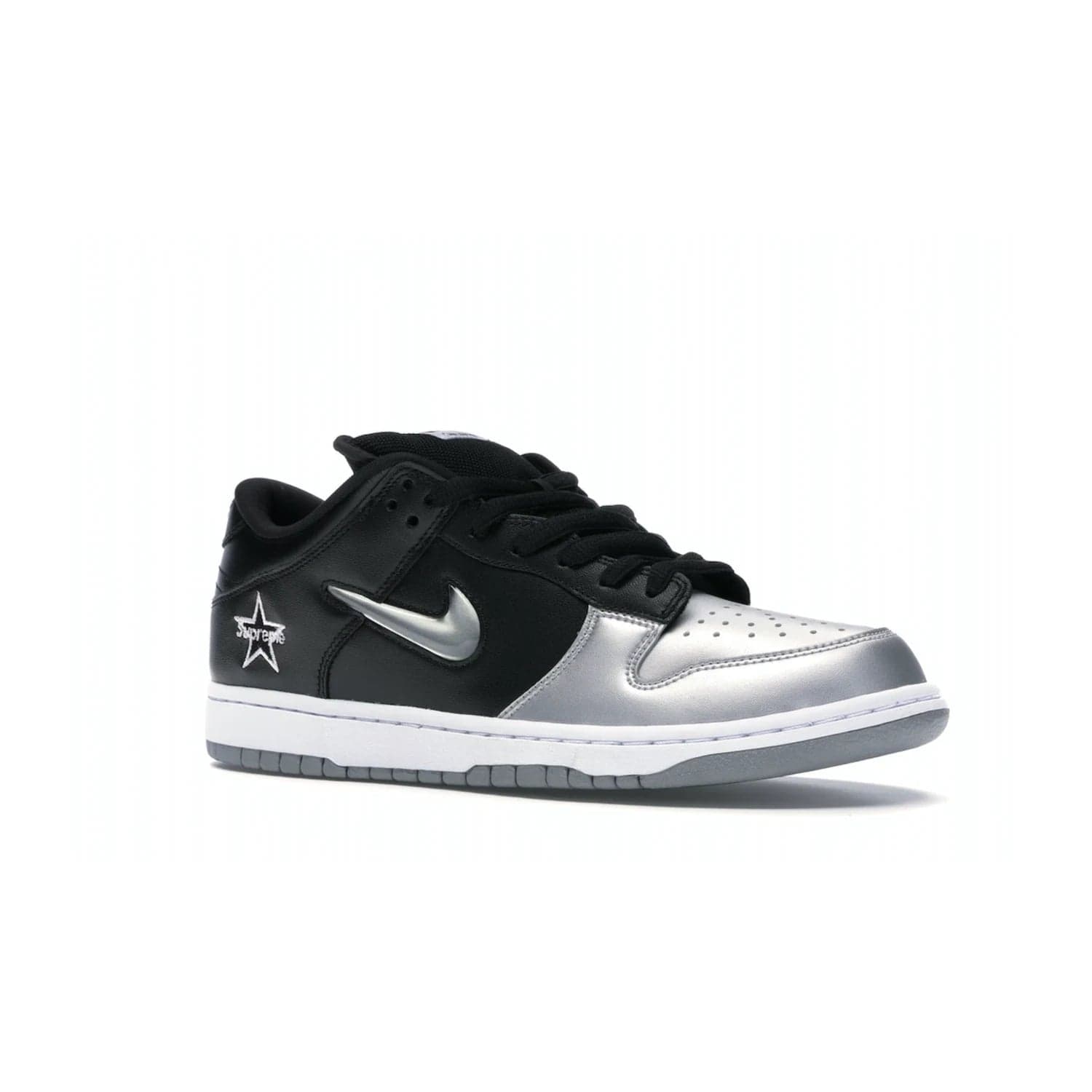 Nike SB Dunk Low Supreme Jewel Swoosh Silver - Image 4 - Only at www.BallersClubKickz.com - This Metallic Silver/Metallic Silver-Black Nike SB Dunk Low Supreme Jewel Swoosh Silver brings a flashy design to the iconic SB Dunk. Released in 2019, this is a must-have for any collection.