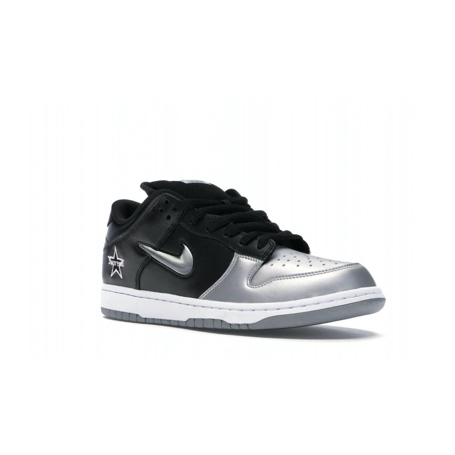 Nike SB Dunk Low Supreme Jewel Swoosh Silver - Image 5 - Only at www.BallersClubKickz.com - This Metallic Silver/Metallic Silver-Black Nike SB Dunk Low Supreme Jewel Swoosh Silver brings a flashy design to the iconic SB Dunk. Released in 2019, this is a must-have for any collection.