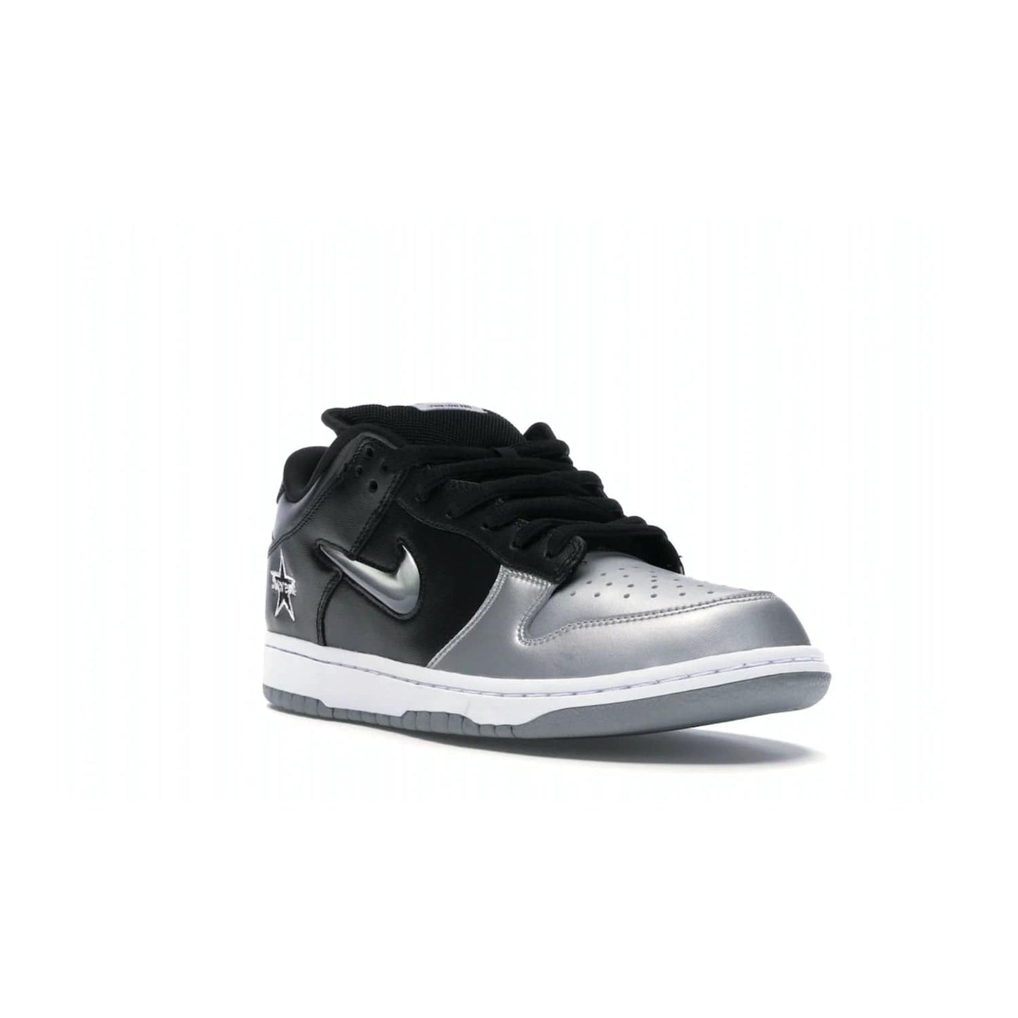 Nike SB Dunk Low Supreme Jewel Swoosh Silver - Image 6 - Only at www.BallersClubKickz.com - This Metallic Silver/Metallic Silver-Black Nike SB Dunk Low Supreme Jewel Swoosh Silver brings a flashy design to the iconic SB Dunk. Released in 2019, this is a must-have for any collection.