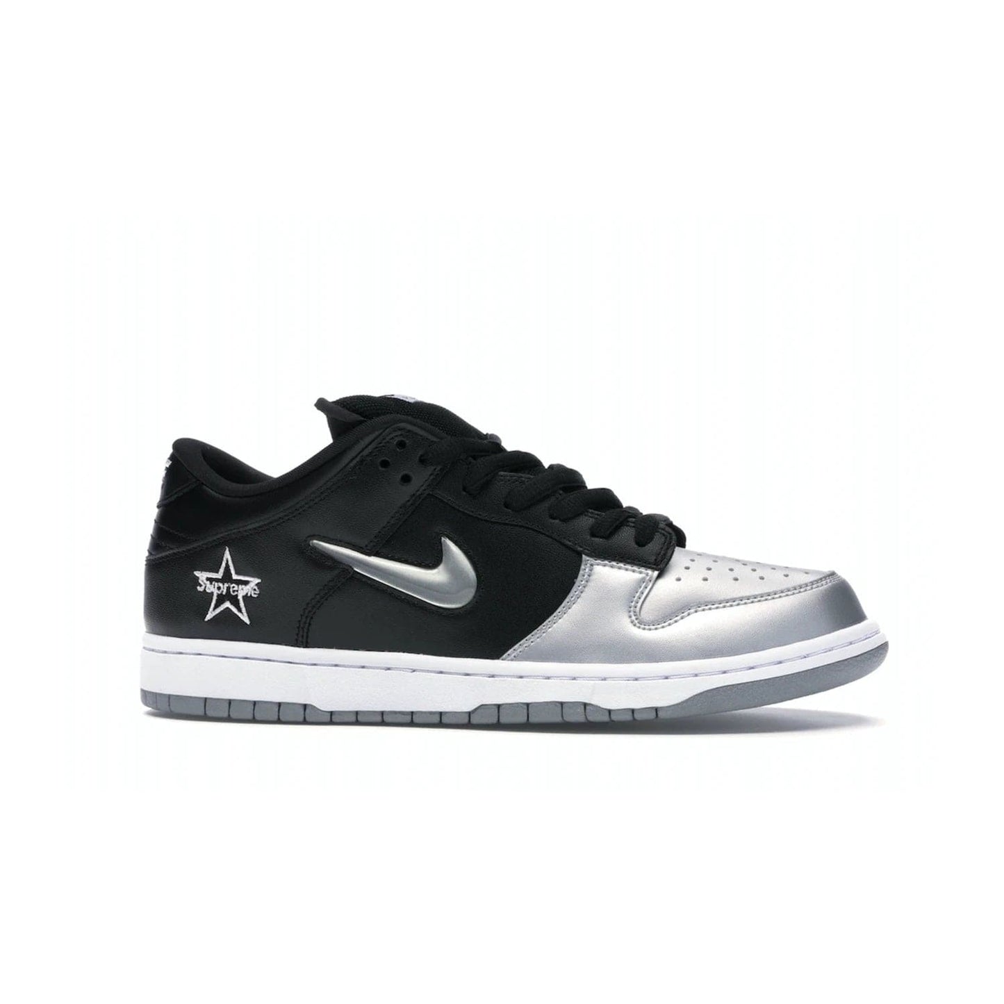 Nike SB Dunk Low Supreme Jewel Swoosh Silver - Image 2 - Only at www.BallersClubKickz.com - This Metallic Silver/Metallic Silver-Black Nike SB Dunk Low Supreme Jewel Swoosh Silver brings a flashy design to the iconic SB Dunk. Released in 2019, this is a must-have for any collection.