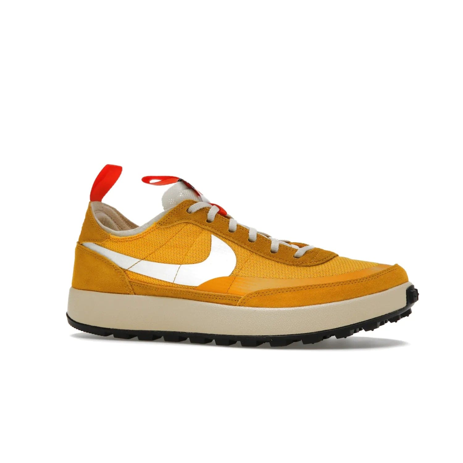 NikeCraft General Purpose Shoe Tom Sachs Archive Dark Sulfur - Image 3 - Only at www.BallersClubKickz.com - Collab between Nike & Tom Sachs. The NikeCraft General Purpose Shoe features dark sulfur mesh upper, suede overlays, contrasting white Swoosh and orange tabs. EVA cushioning & black waffle-traction rubber outsole ensures performance. Stylish & perfect for any occasion, the shoe released September 2, 2022.