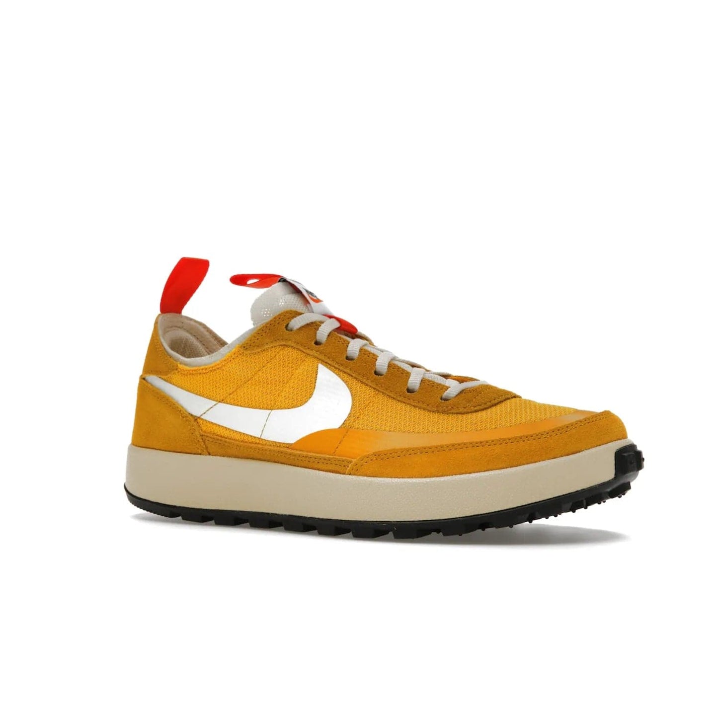 NikeCraft General Purpose Shoe Tom Sachs Archive Dark Sulfur - Image 4 - Only at www.BallersClubKickz.com - Collab between Nike & Tom Sachs. The NikeCraft General Purpose Shoe features dark sulfur mesh upper, suede overlays, contrasting white Swoosh and orange tabs. EVA cushioning & black waffle-traction rubber outsole ensures performance. Stylish & perfect for any occasion, the shoe released September 2, 2022.