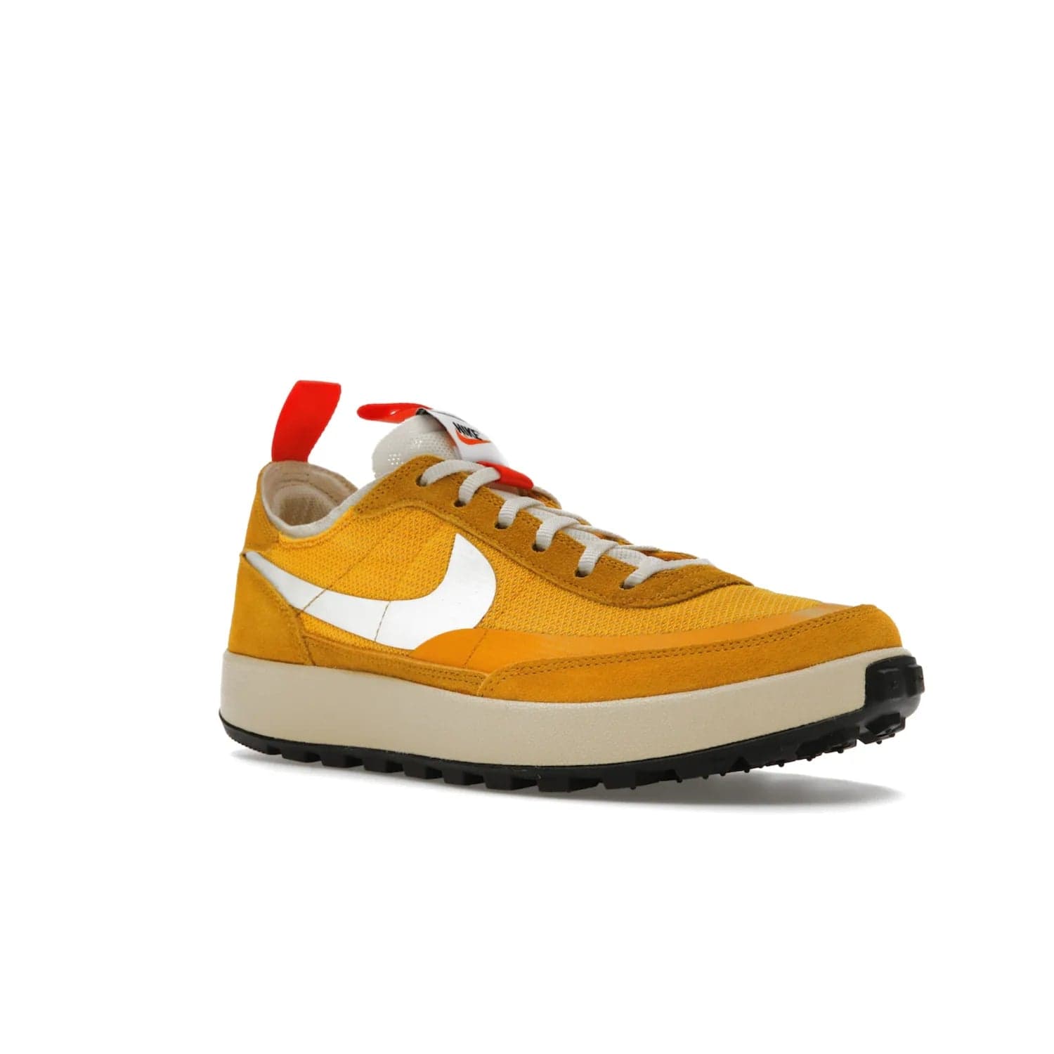 NikeCraft General Purpose Shoe Tom Sachs Archive Dark Sulfur - Image 5 - Only at www.BallersClubKickz.com - Collab between Nike & Tom Sachs. The NikeCraft General Purpose Shoe features dark sulfur mesh upper, suede overlays, contrasting white Swoosh and orange tabs. EVA cushioning & black waffle-traction rubber outsole ensures performance. Stylish & perfect for any occasion, the shoe released September 2, 2022.
