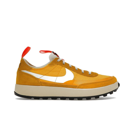 NikeCraft General Purpose Shoe Tom Sachs Archive Dark Sulfur - Image 1 - Only at www.BallersClubKickz.com - Collab between Nike & Tom Sachs. The NikeCraft General Purpose Shoe features dark sulfur mesh upper, suede overlays, contrasting white Swoosh and orange tabs. EVA cushioning & black waffle-traction rubber outsole ensures performance. Stylish & perfect for any occasion, the shoe released September 2, 2022.
