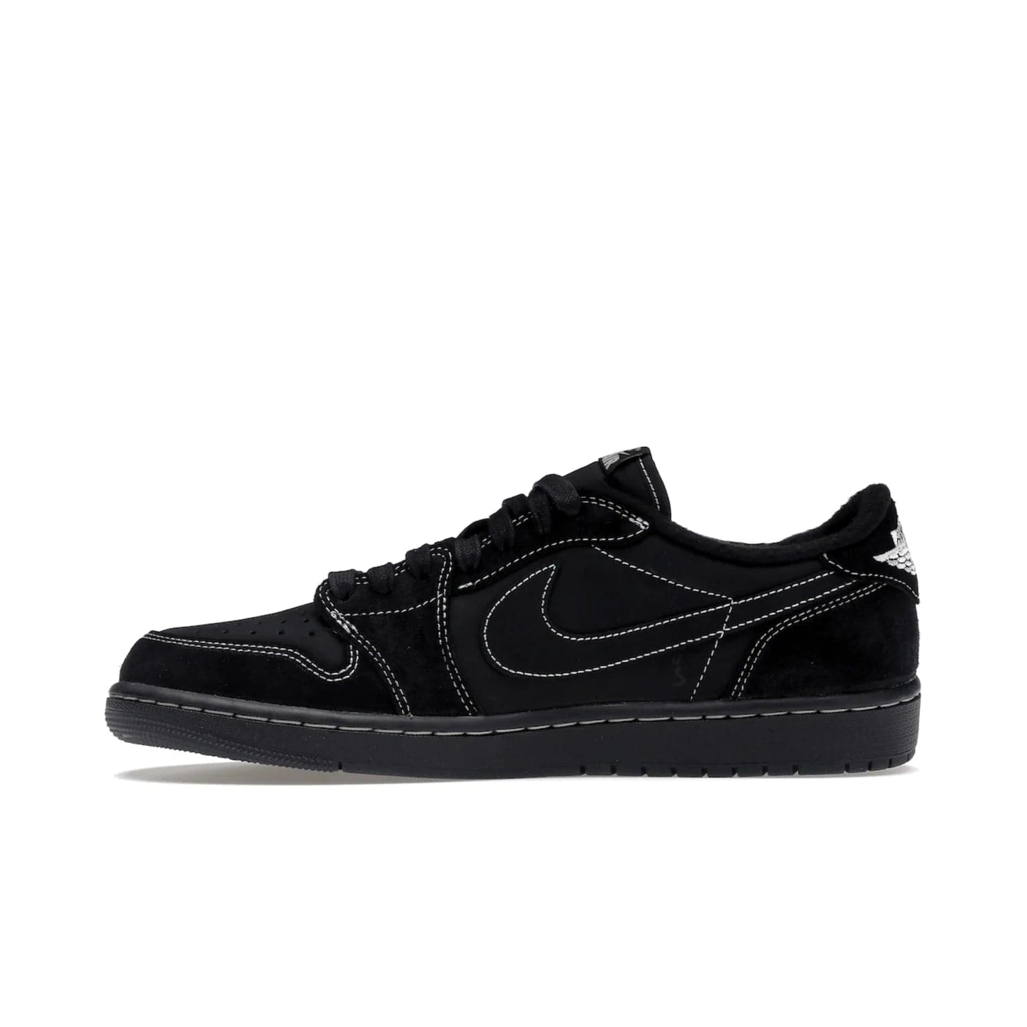 Jordan 1 Retro Low OG SP Travis Scott Black Phantom - Image 19 - Only at www.BallersClubKickz.com - Update Air Jordan 1 Low OG SP "Travis Scott". Iconic black nubuck design w/ unique stitch pattern, Nike Air Logo, Wings logo, embroidered bee. Red, black & white/black laces. Celebrate the end of 2022 on Dec. 15.