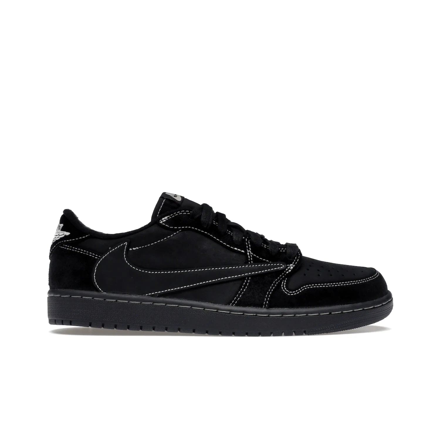 Jordan 1 Retro Low OG SP Travis Scott Black Phantom - Image 1 - Only at www.BallersClubKickz.com - Update Air Jordan 1 Low OG SP "Travis Scott". Iconic black nubuck design w/ unique stitch pattern, Nike Air Logo, Wings logo, embroidered bee. Red, black & white/black laces. Celebrate the end of 2022 on Dec. 15.