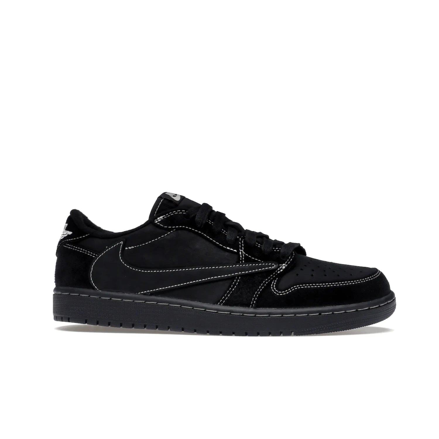 Jordan 1 Retro Low OG SP Travis Scott Black Phantom - Image 2 - Only at www.BallersClubKickz.com - Update Air Jordan 1 Low OG SP "Travis Scott". Iconic black nubuck design w/ unique stitch pattern, Nike Air Logo, Wings logo, embroidered bee. Red, black & white/black laces. Celebrate the end of 2022 on Dec. 15.