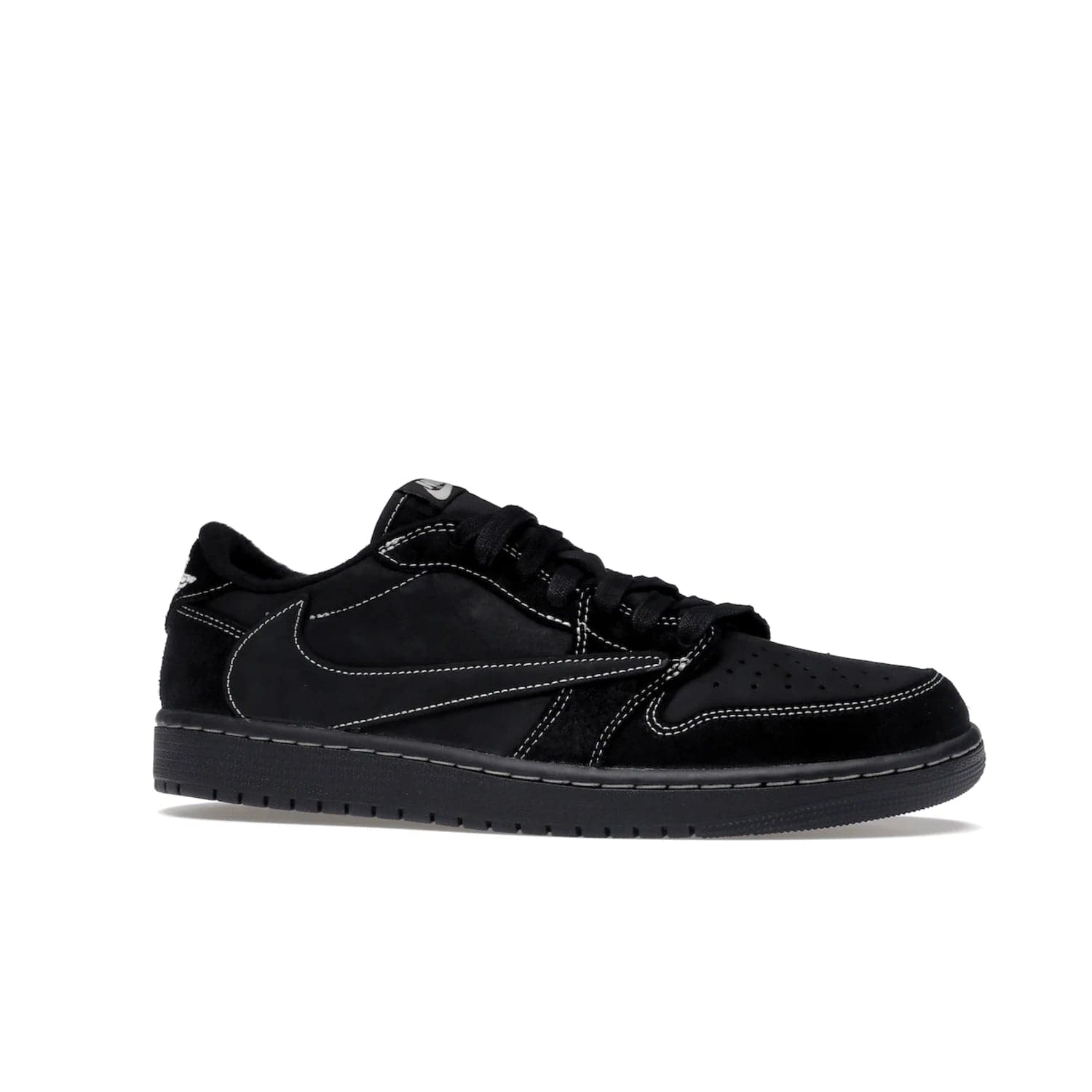 Jordan 1 Retro Low OG SP Travis Scott Black Phantom - Image 3 - Only at www.BallersClubKickz.com - Update Air Jordan 1 Low OG SP "Travis Scott". Iconic black nubuck design w/ unique stitch pattern, Nike Air Logo, Wings logo, embroidered bee. Red, black & white/black laces. Celebrate the end of 2022 on Dec. 15.