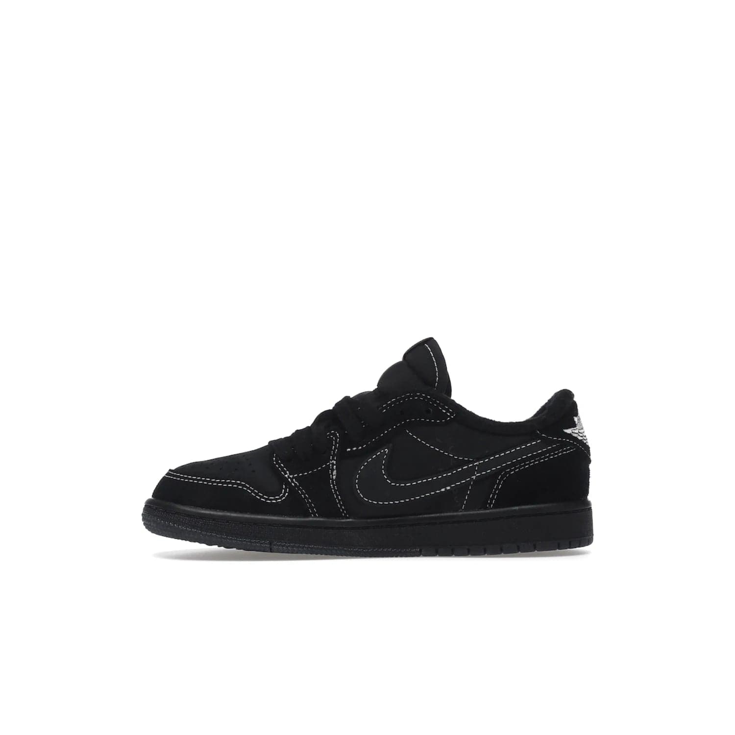 Jordan 1 Retro Low OG SP Travis Scott Black Phantom (PS) - Image 19 - Only at www.BallersClubKickz.com - Kids' Air Jordan 1 Retro Low OG SP Travis Scott 'Black Phantom' PS: A bold upper in black and Phantom features Travis Scott's signature branding. Swoosh, Cactus Jack, and Wings logos. Out Dec. 15th for $60.