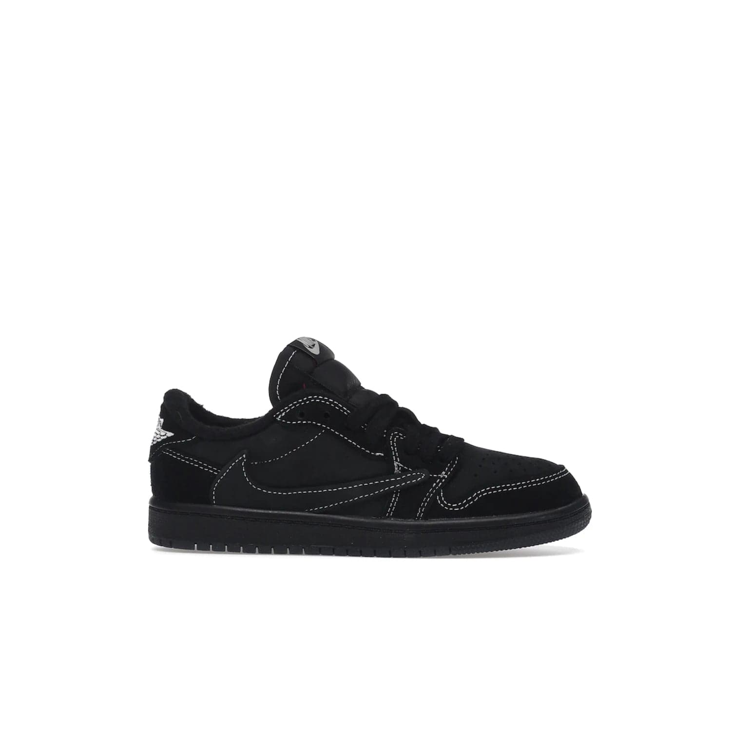 Jordan 1 Retro Low OG SP Travis Scott Black Phantom (PS) - Image 2 - Only at www.BallersClubKickz.com - Kids' Air Jordan 1 Retro Low OG SP Travis Scott 'Black Phantom' PS: A bold upper in black and Phantom features Travis Scott's signature branding. Swoosh, Cactus Jack, and Wings logos. Out Dec. 15th for $60.