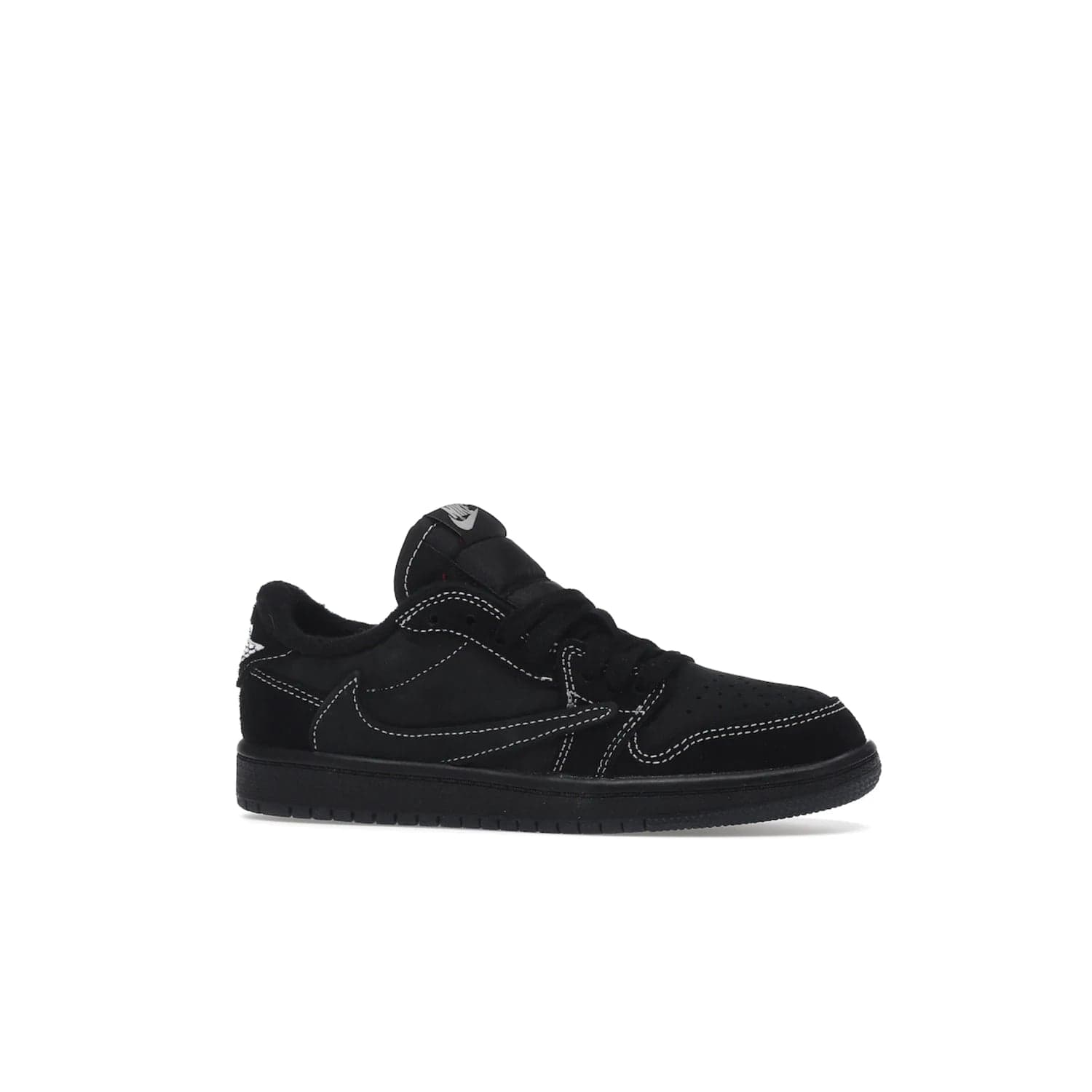Jordan 1 Retro Low OG SP Travis Scott Black Phantom (PS) - Image 3 - Only at www.BallersClubKickz.com - Kids' Air Jordan 1 Retro Low OG SP Travis Scott 'Black Phantom' PS: A bold upper in black and Phantom features Travis Scott's signature branding. Swoosh, Cactus Jack, and Wings logos. Out Dec. 15th for $60.