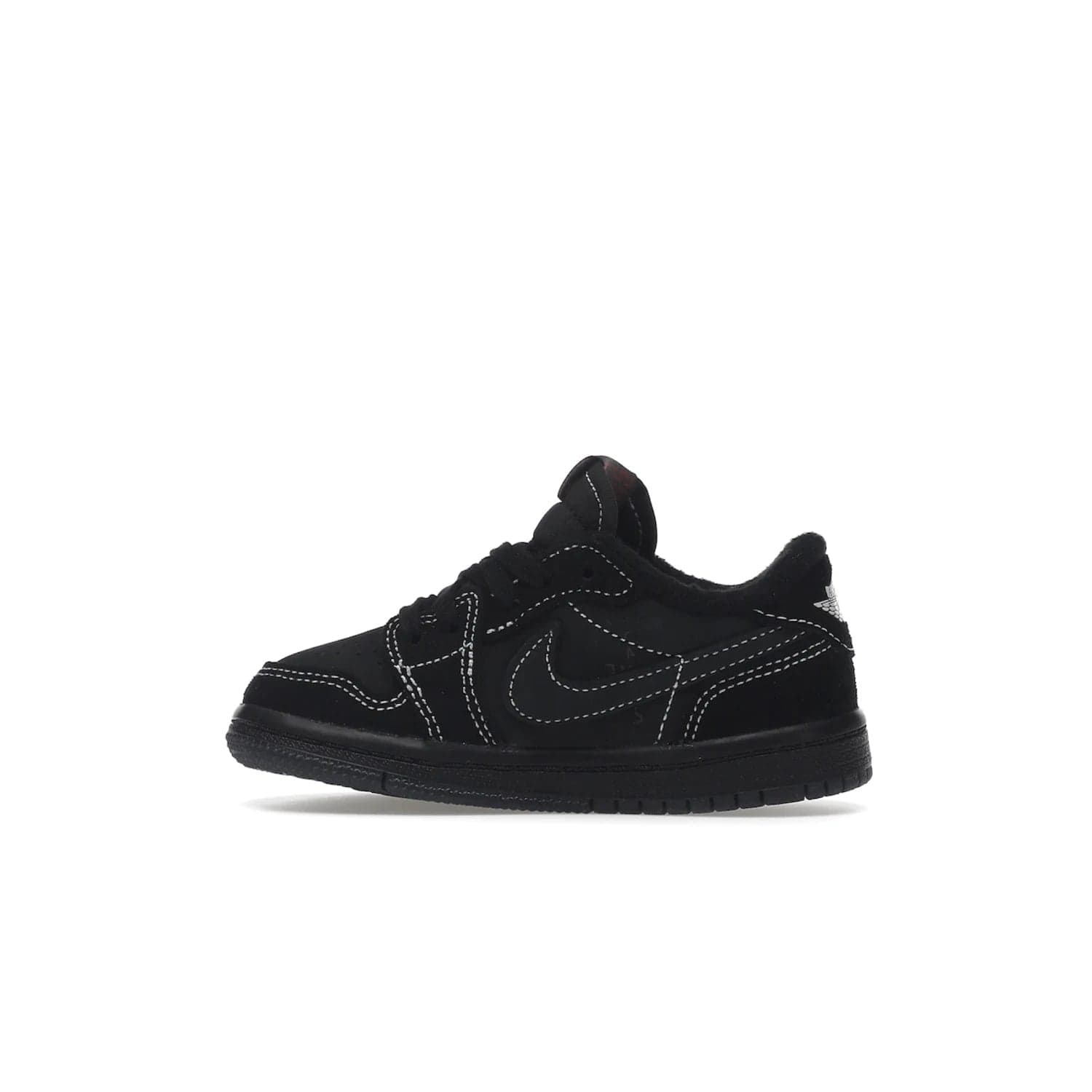 Jordan 1 Retro Low OG SP Travis Scott Black Phantom (TD) - Image 20 - Only at www.BallersClubKickz.com - Shop the Air Jordan I Retro Low OG SP "Travis Scott Black Phantom" TD. Bold black and phantom colorway crafted from nubuck and suede with white stitching. Cactus Jack and Wings branding. Release: Dec 15, 2022.